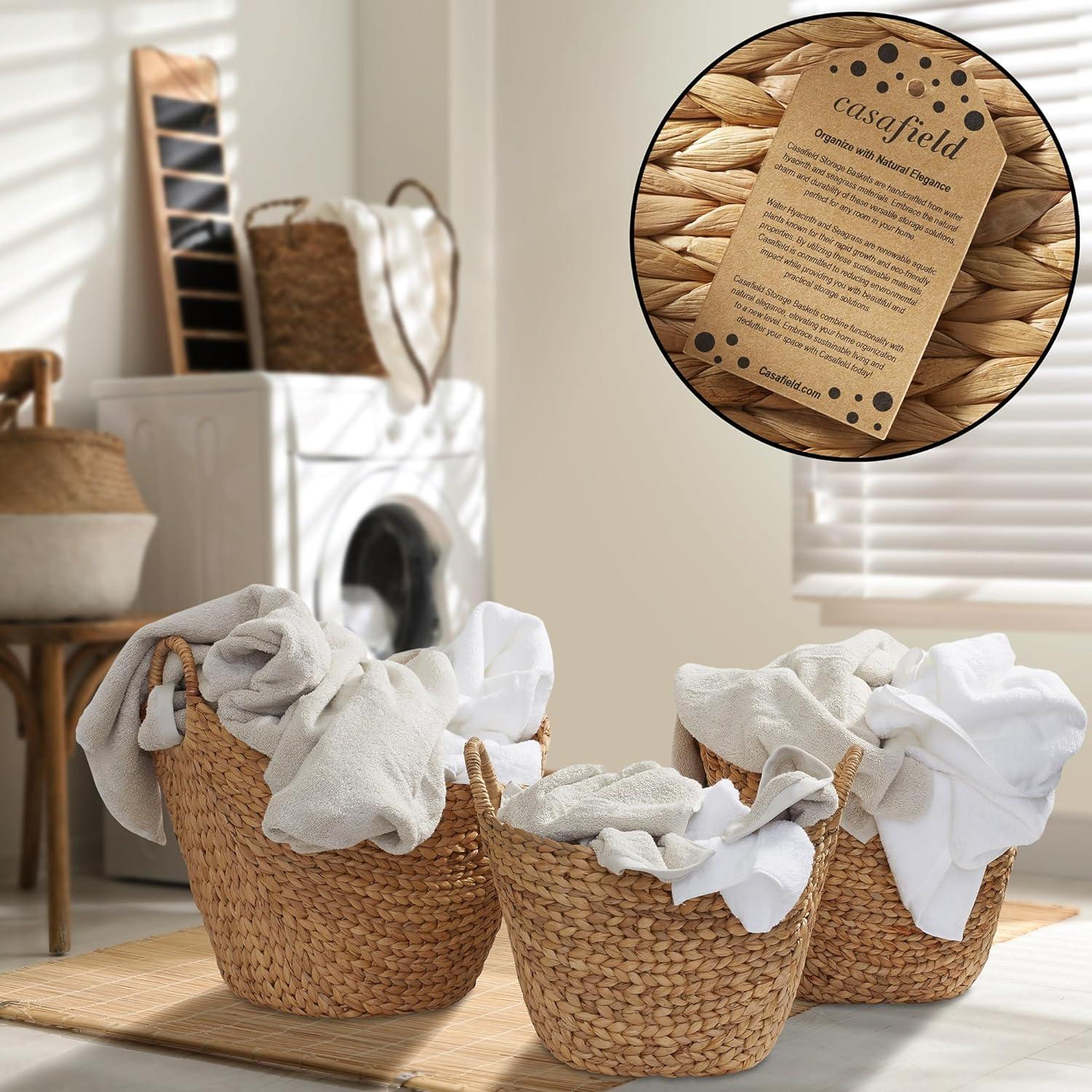 Casafield Set of 3 Water Hyacinth Boat Baskets with Handles, Woven Storage Organizers for Blankets, Laundry, Bathroom, Bedroom, Living Room