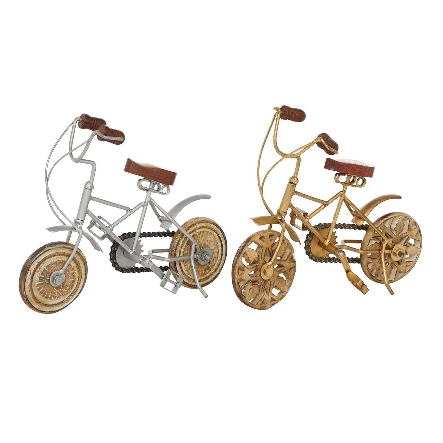 4"W, 8"H Multi Colored Metal Bike Sculpture with Wood Wheels, by DecMode (2 Count)