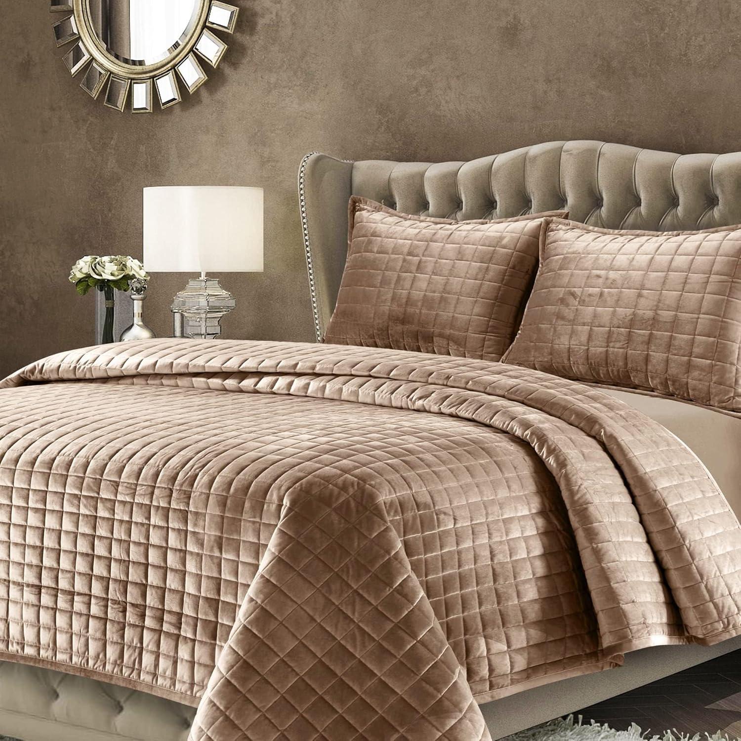 Tribeca Living Florence Velvet Oversized Solid Quilt Set King Taupe