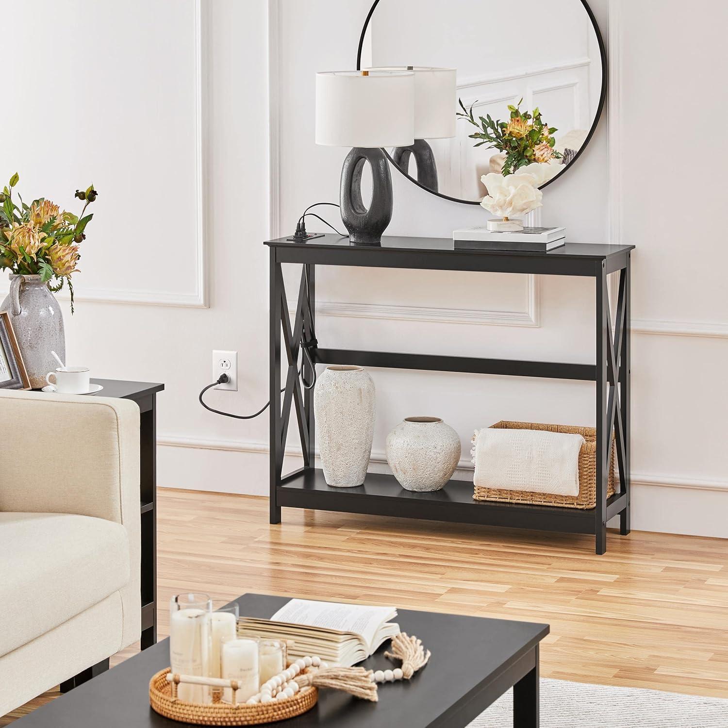 Black Wooden Console Table with Power Outlet and Storage