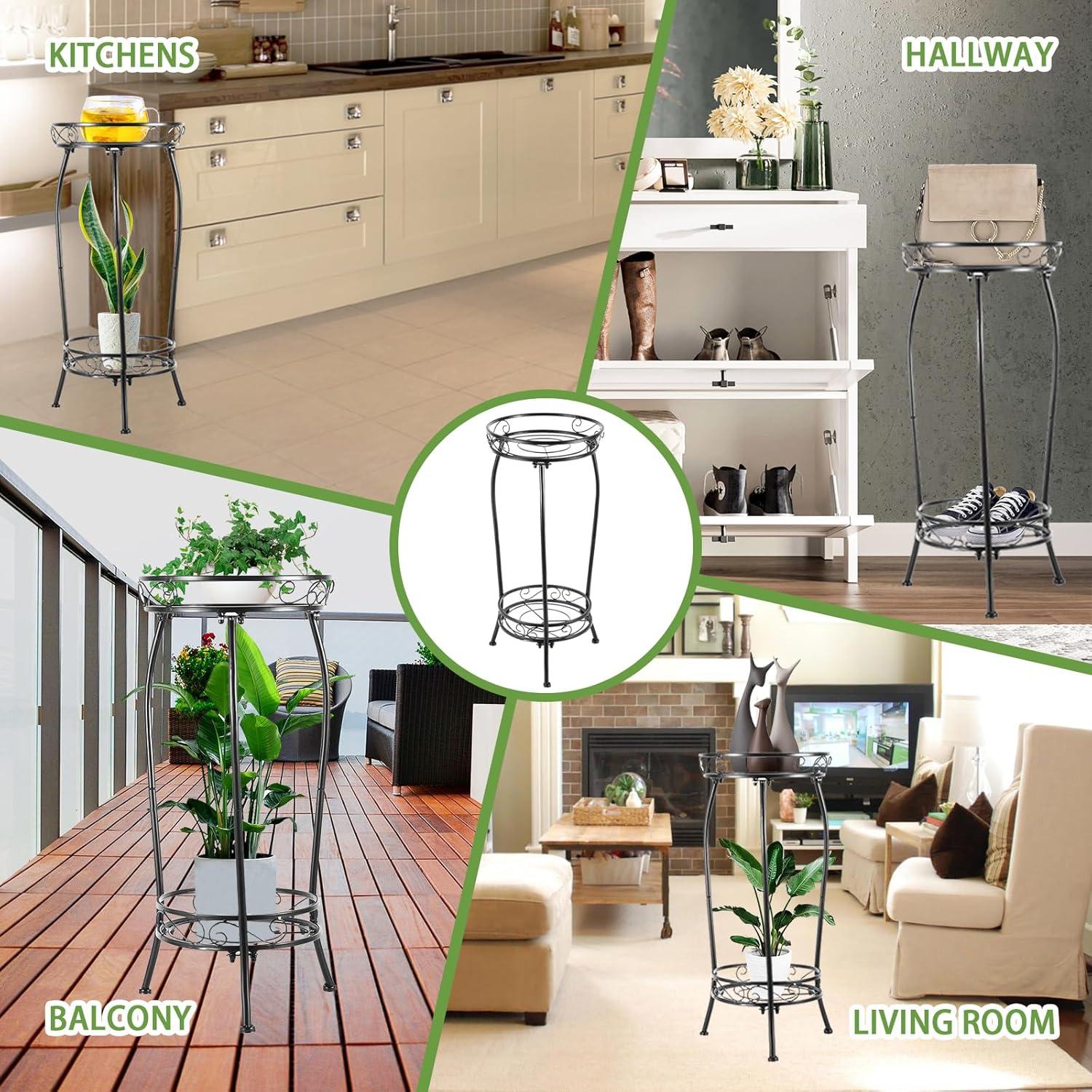 Plant Stand Indoor Outdoor 2 Tier 27" Tall Metal Potted Holder Rack Flower Pot Stand Heavy Duty Plant Shelf Rustproof Iron Multiple Plant Round Supports Rack for Planter Corner Garden Balcony Patio