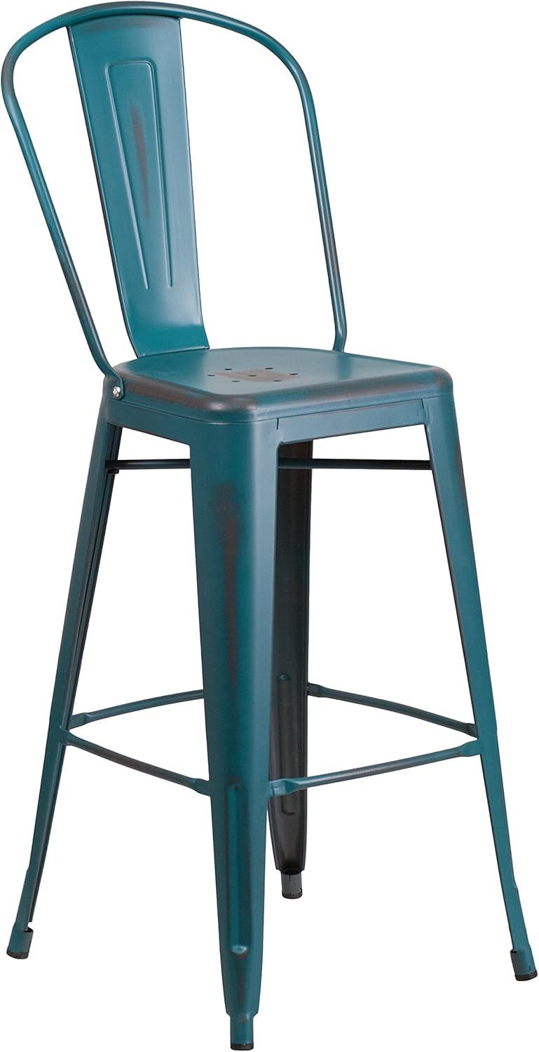 Flash Furniture Commercial Grade 30" High Distressed Kelly Blue-Teal Metal Indoor-Outdoor Barstool with Back