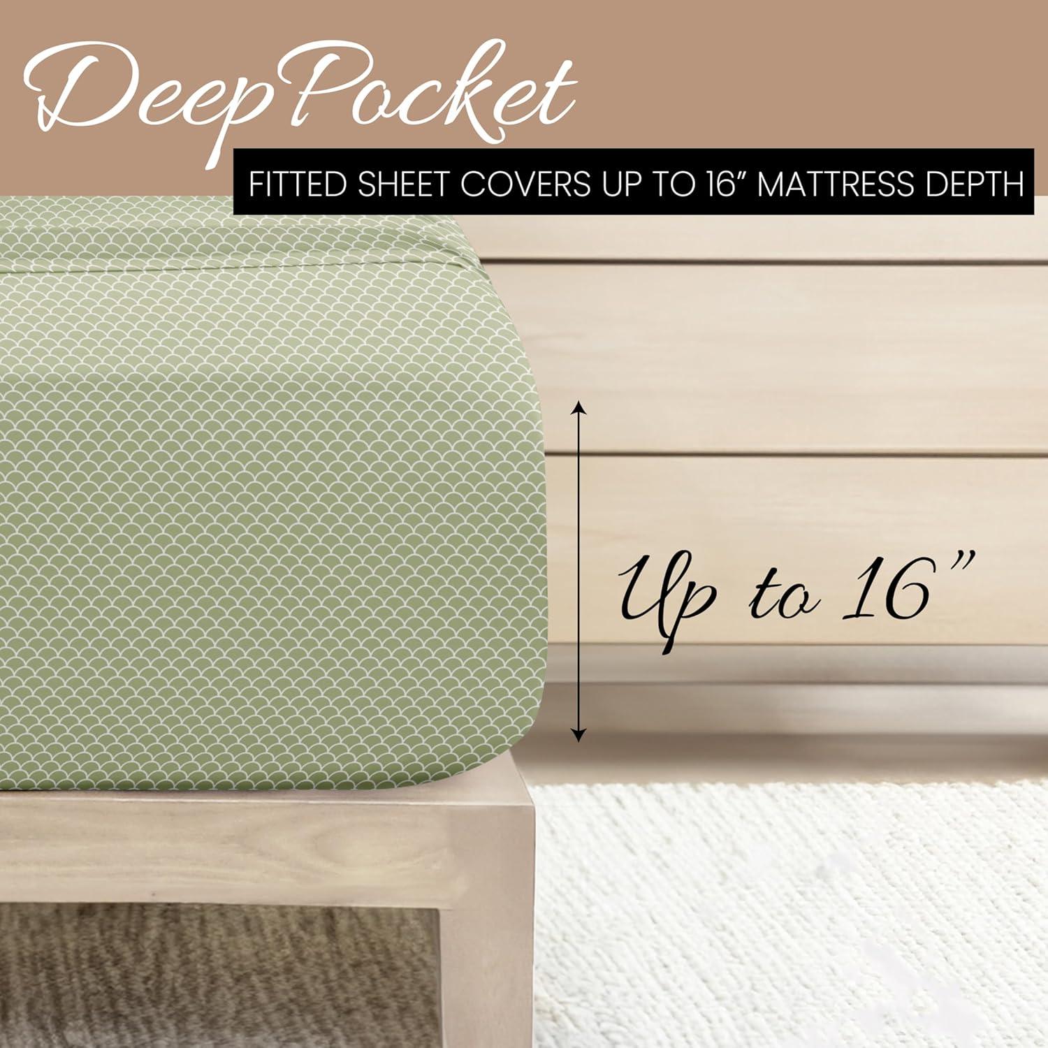 Linen Market Double-Brushed Patterned Microfiber King Sheet Set 4 Piece – Oeko-TEX Certified Ultra Soft & Wrinkle-Free - 16" Deep Pocket Sheets - Easy Care King Size - Scallops Sage