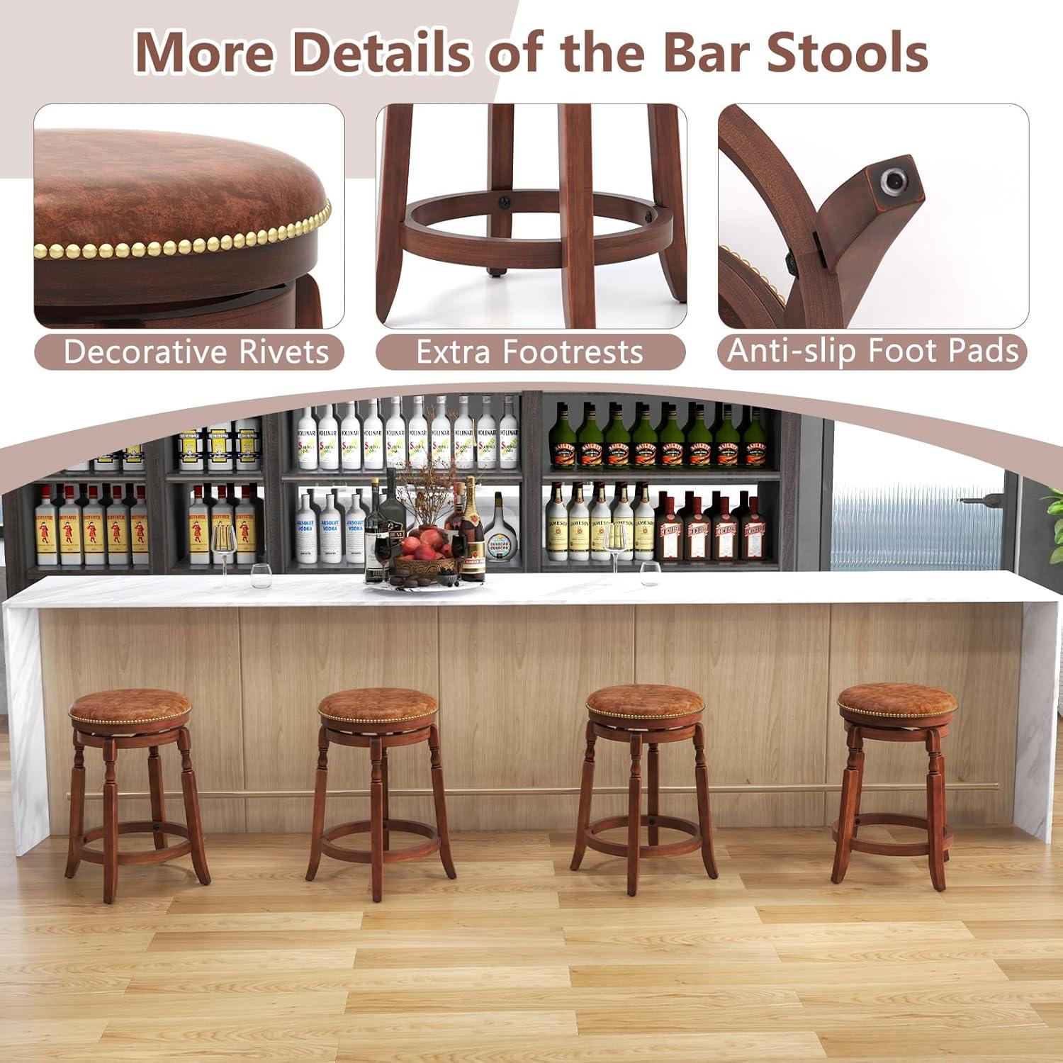 Kadyn Bar Stools, Barstools, Counter Stools, Island Stools, Bar Chairs,24 Inch Swivel Bar Stool Set of 2 with Upholstered Seat and Rubber Wood Frame-24 inches