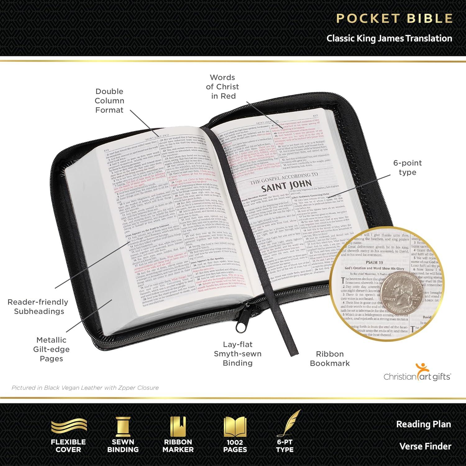 KJV Holy Bible, Mini Pocket Size, Faux Leather w/Ribbon, King James Version, Black, Zipper Closure, 6.2" x 4.3"