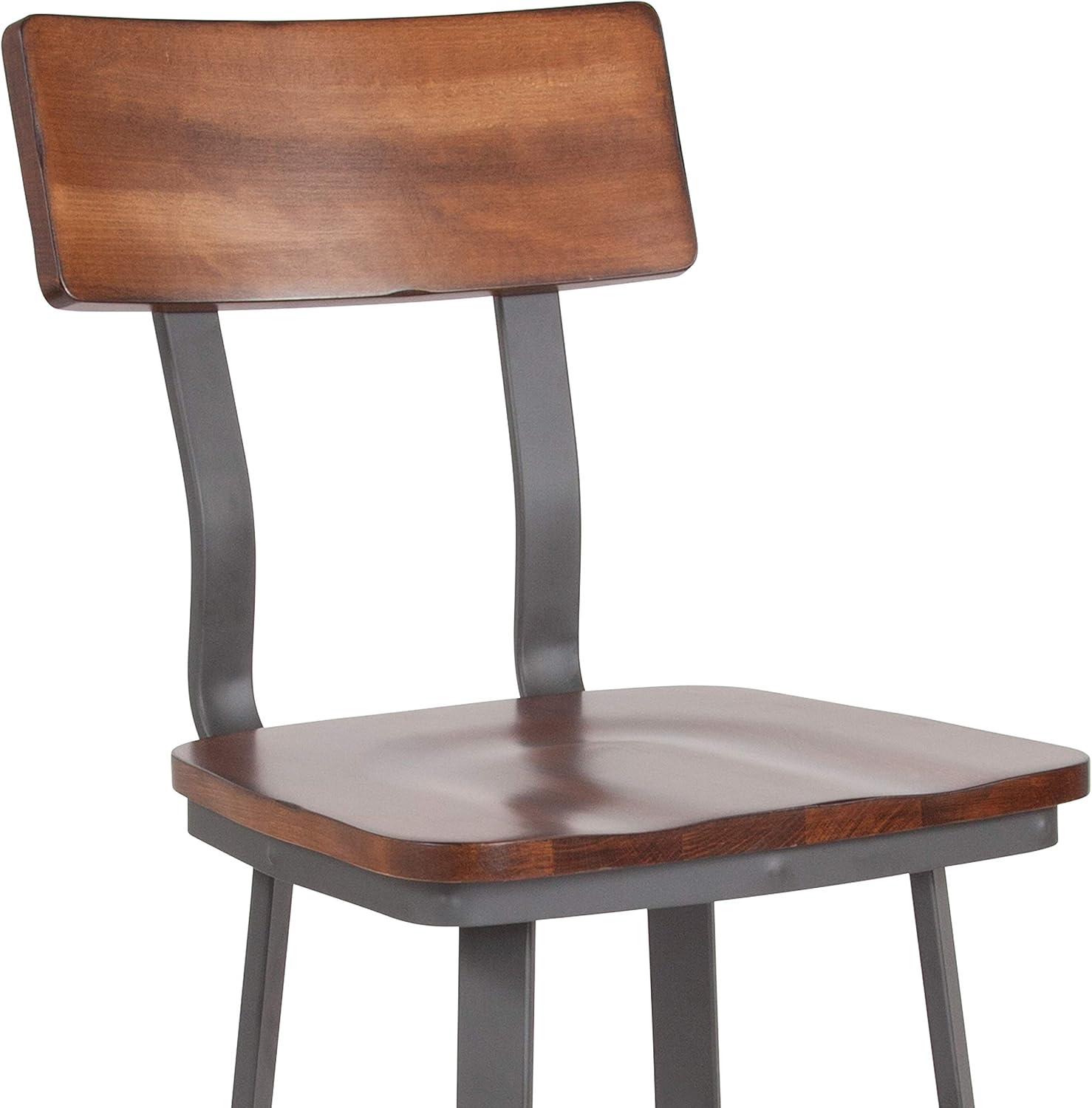 Flash Furniture Flint Series Rustic Walnut Restaurant Barstool with Wood Seat & Back and Gray Powder Coat Frame