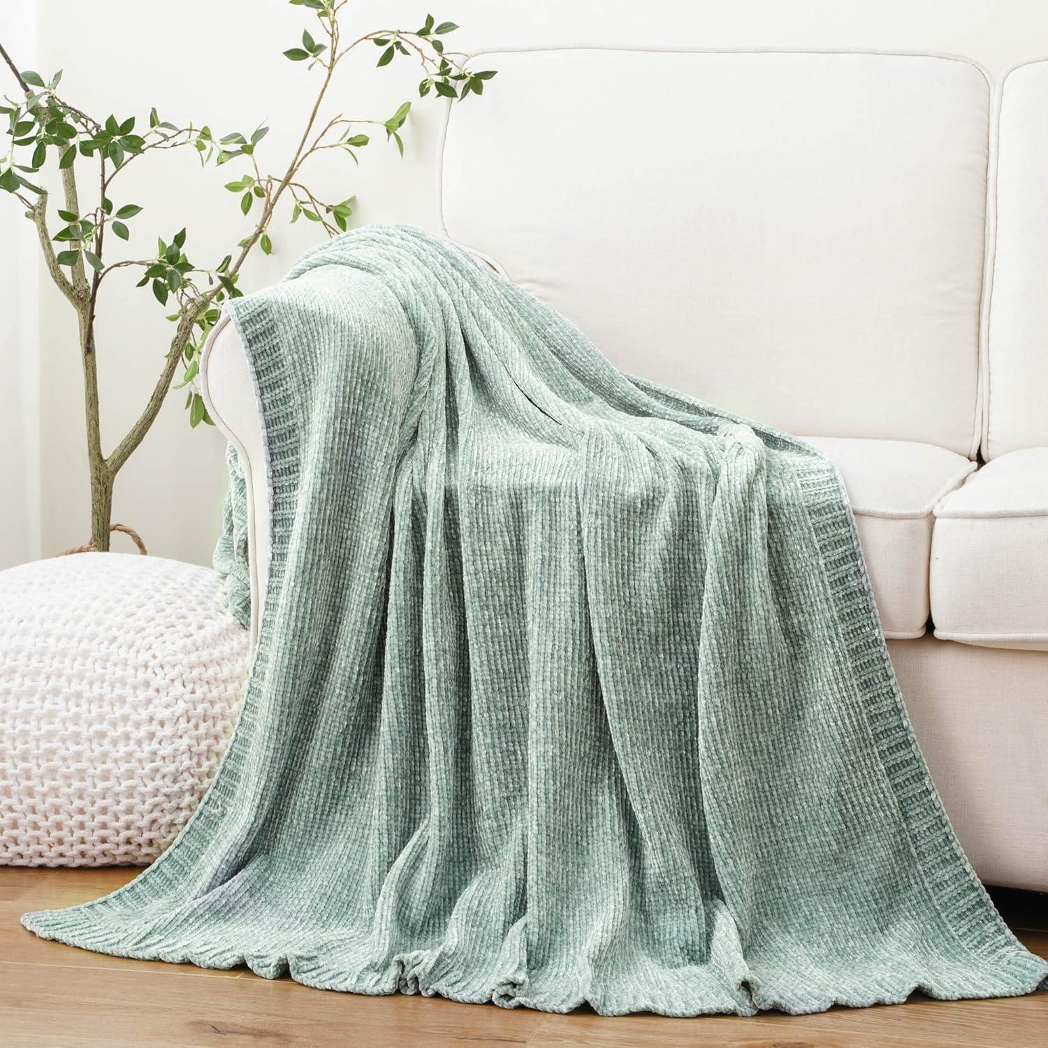 Sage Green Chenille Knit Throw Blanket for Couch, 51"x67"