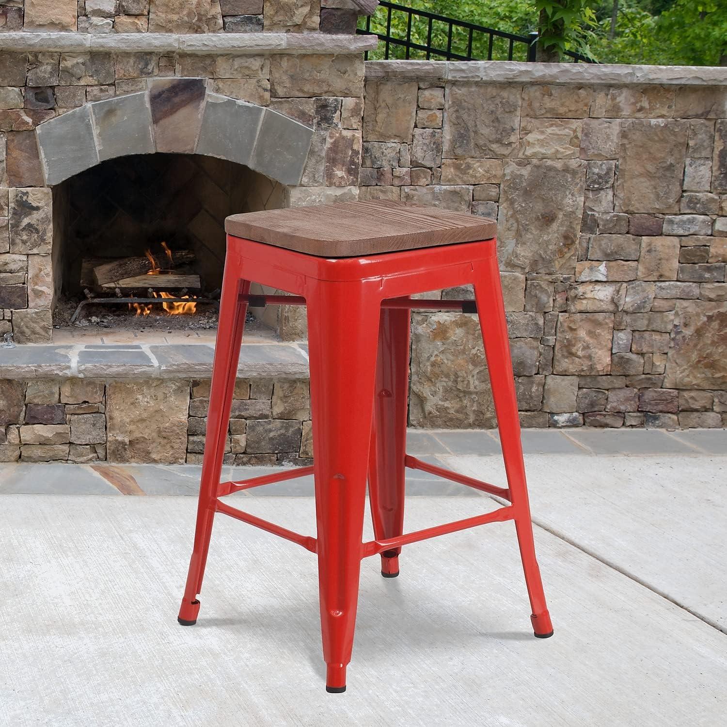 24" Red Metal & Brown Wood Backless Counter Stool