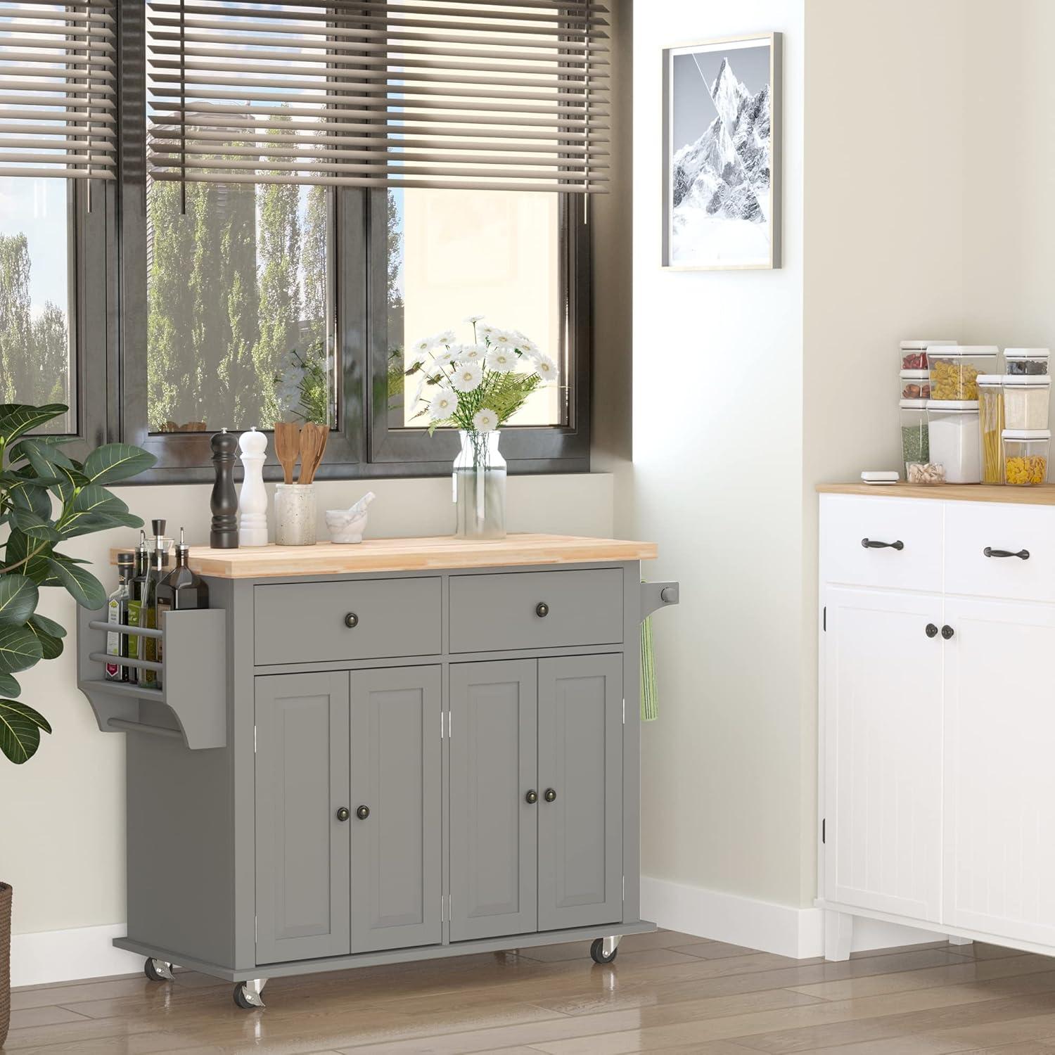 Gray Rolling Kitchen Island Cart with Rubberwood Top and Storage