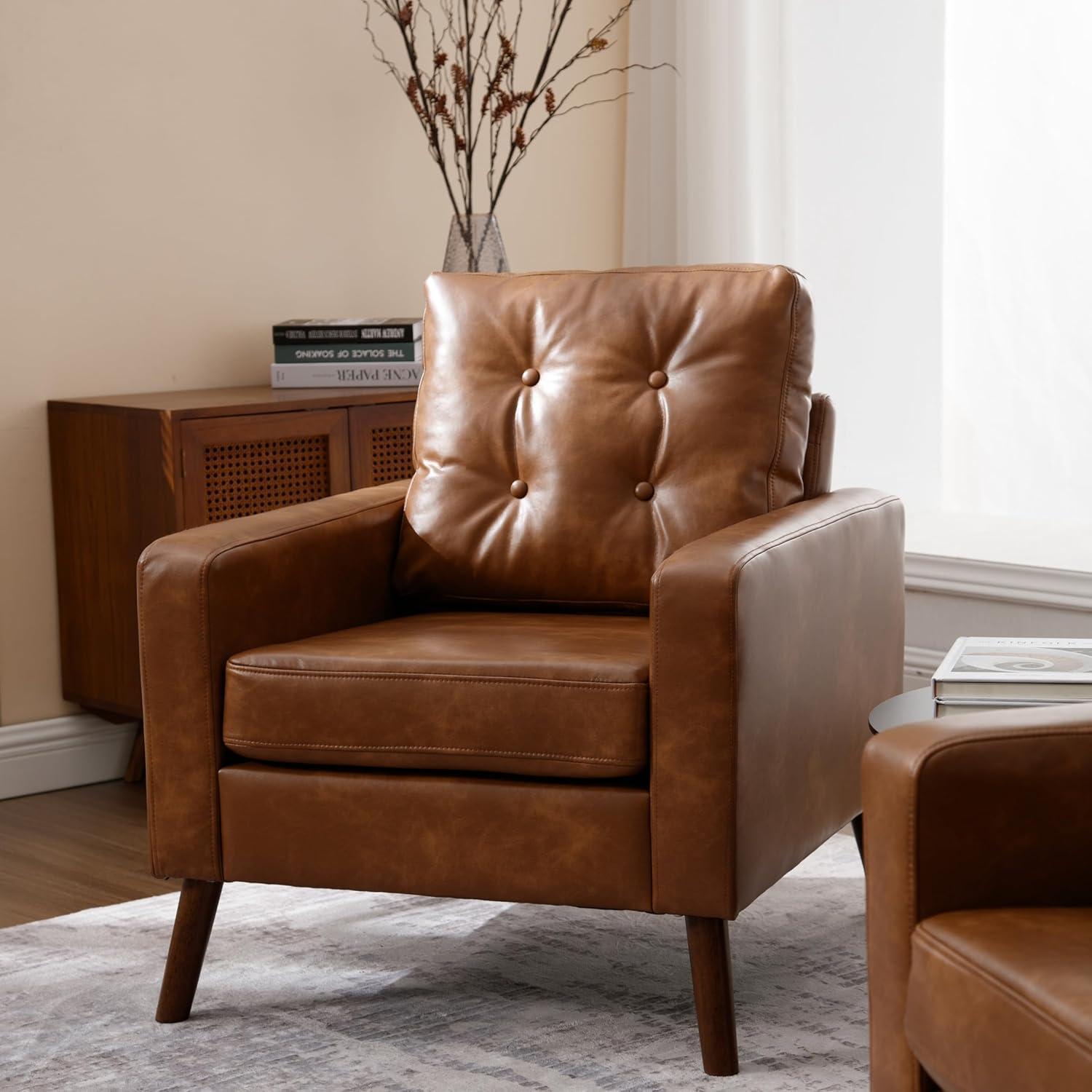 Brown Accent Chairs Set of 2, Mid Century Modern Armchairs, PU Leather Living Room Chairs Tufted Upholstered Lounge Chairs with Wood Legs for Bedroom Waiting Room, Caramel