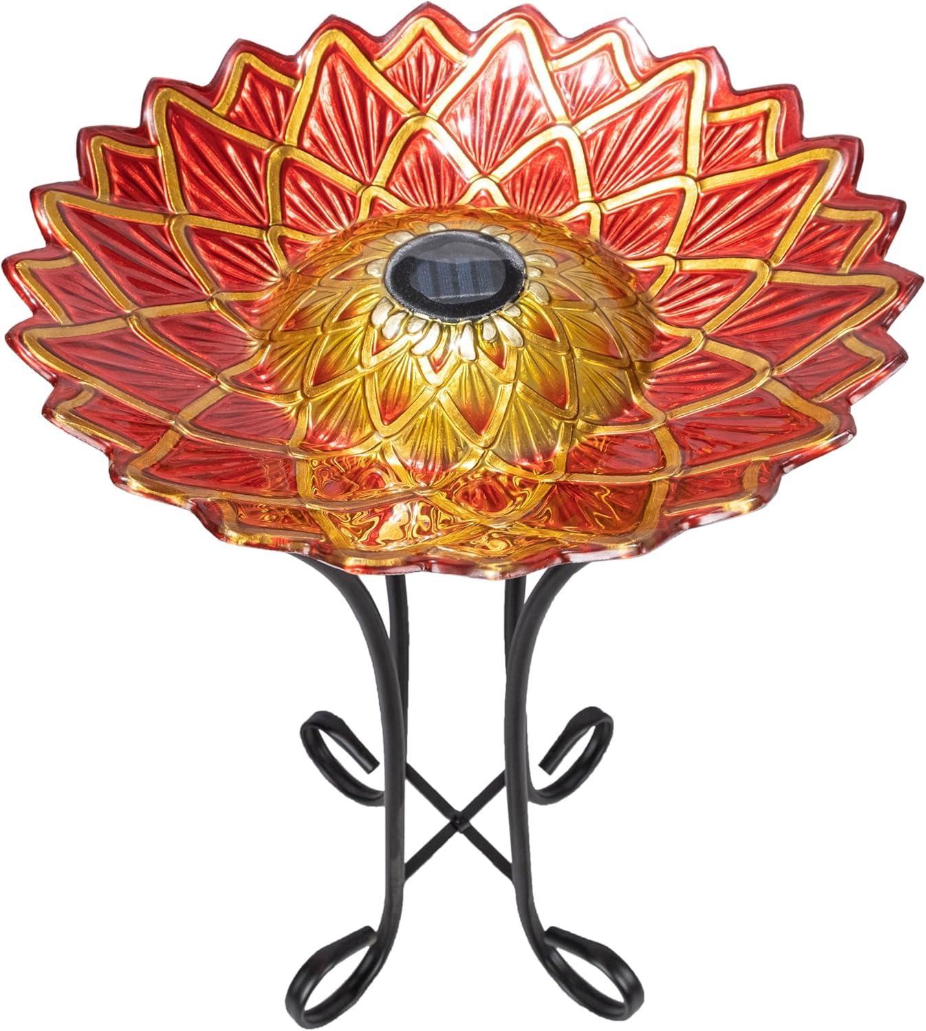 Red and Gold Glass Birdbath with Solar Light and Metal Stand