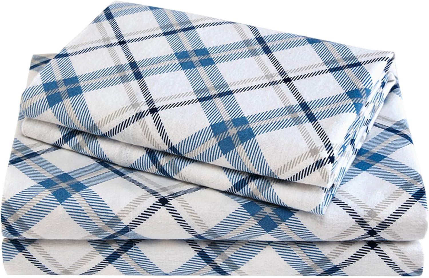 Plaid Blue Cotton Flannel Full Sheet Set with Deep Pockets