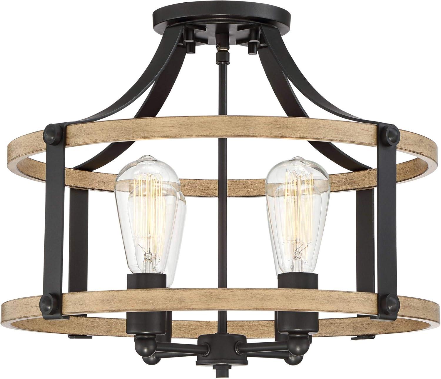 Buford 20" Rustic Farmhouse Black Metal & Faux Wood 4-Light Ceiling Light