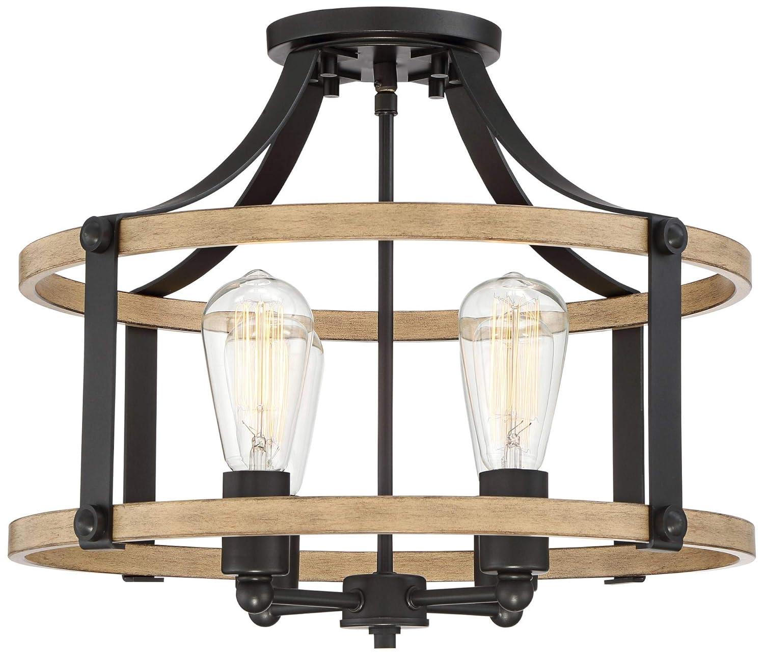Franklin Iron Works Buford Rustic Farmhouse Ceiling Light Semi Flush Mount Fixture 18" Wide Faux Wood Black 4-Light for Bedroom Kitchen Living Room