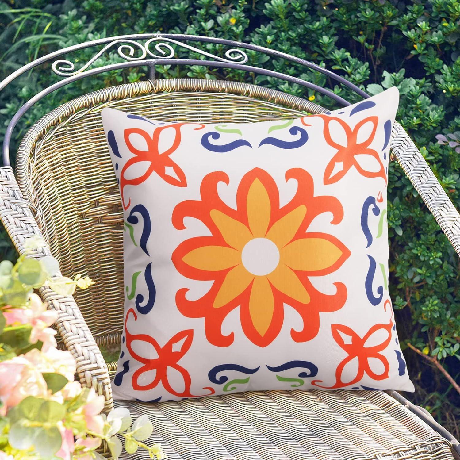 Pyonic Outdoor Waterproof Throw Pillow Covers for Patio Furniture Decorative Boho Pillow Covers 18x18 Floral Printed for Patio Tent Couch Garden Set of 4,Orange