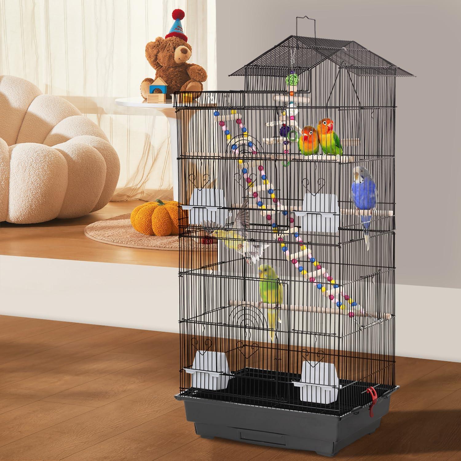 39 Inches Bird Cage Roof Top Large Flight Parrot Bird Cage with Toys for Medium Small Birds, Lovebirds, Finch, Cockatiel Parakeets, Parrot, Iron Bird Cage, Black, 17x14x39 Inch (Pack of 1)