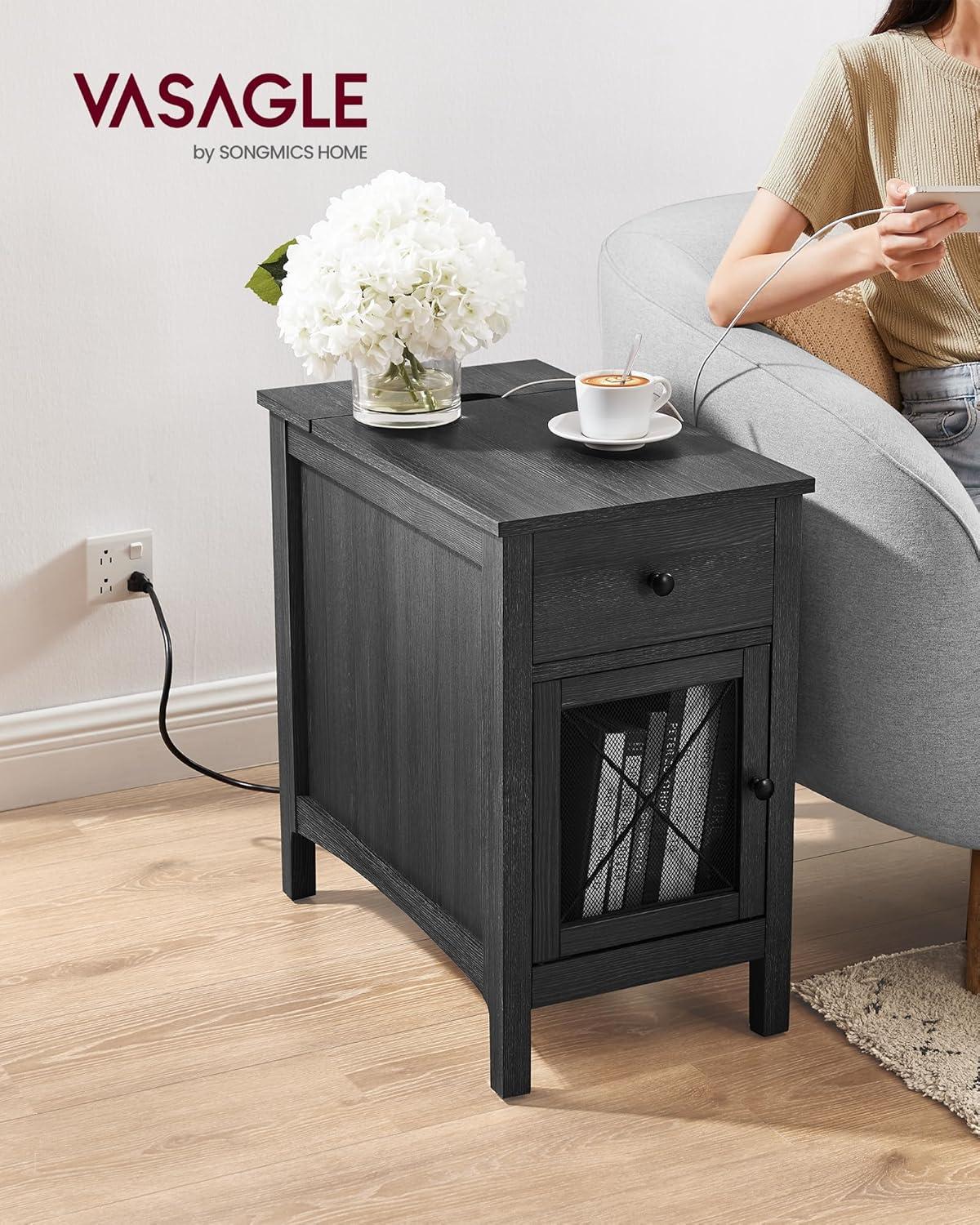 Charcoal Gray MDF Side Table with Storage and Charging Station