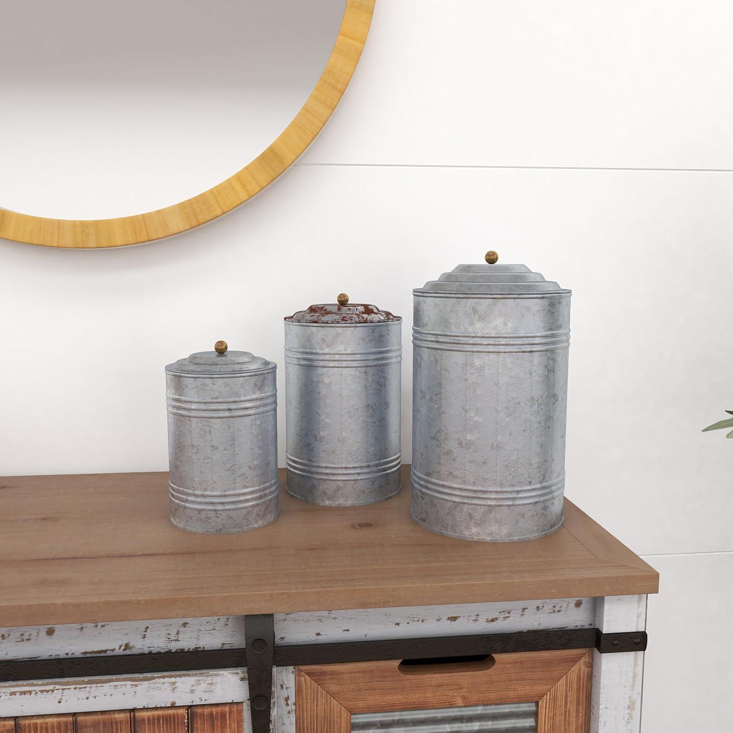 Olivia & May 3pc Decorative Galvanized Metal Canister Set Silver: Round Storage Containers with Lids