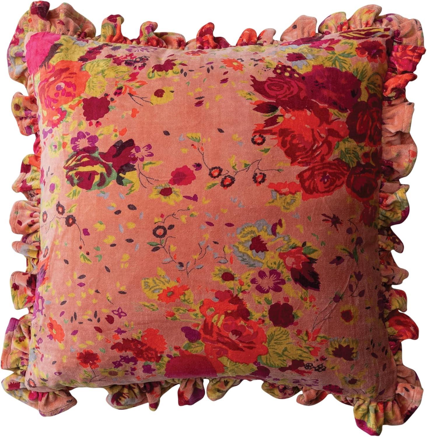 Multicolor Floral Velvet Square Pillow with Ruffle Trim