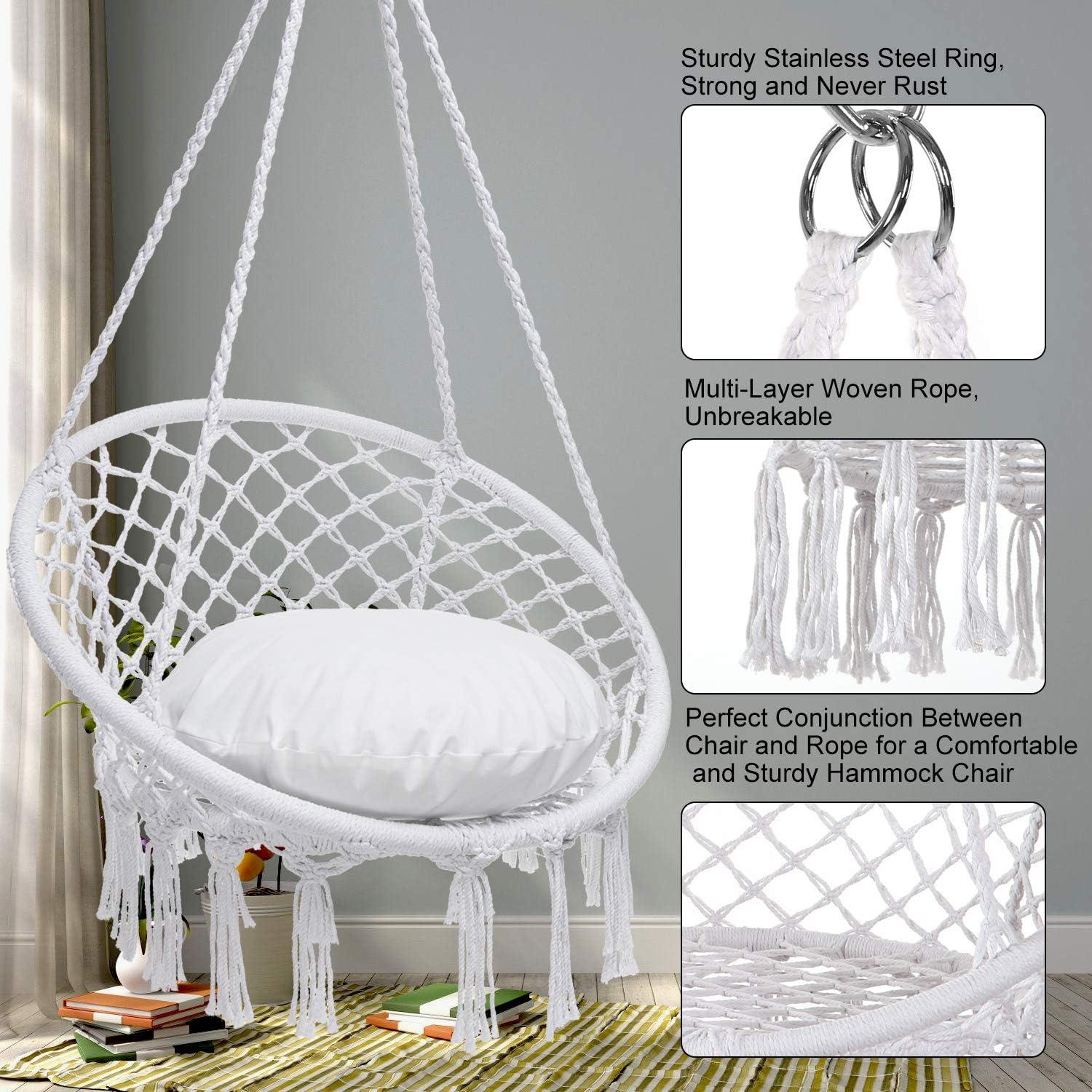 Hammock Chair Macrame Swing, Max 330 Lbs, Hanging Cotton Rope Hammock Swing Chair for Indoor Outdoor Home Patio Deck Yard Garden Reading Leisure Lounging, Hammock Chair+Cushion+Acce