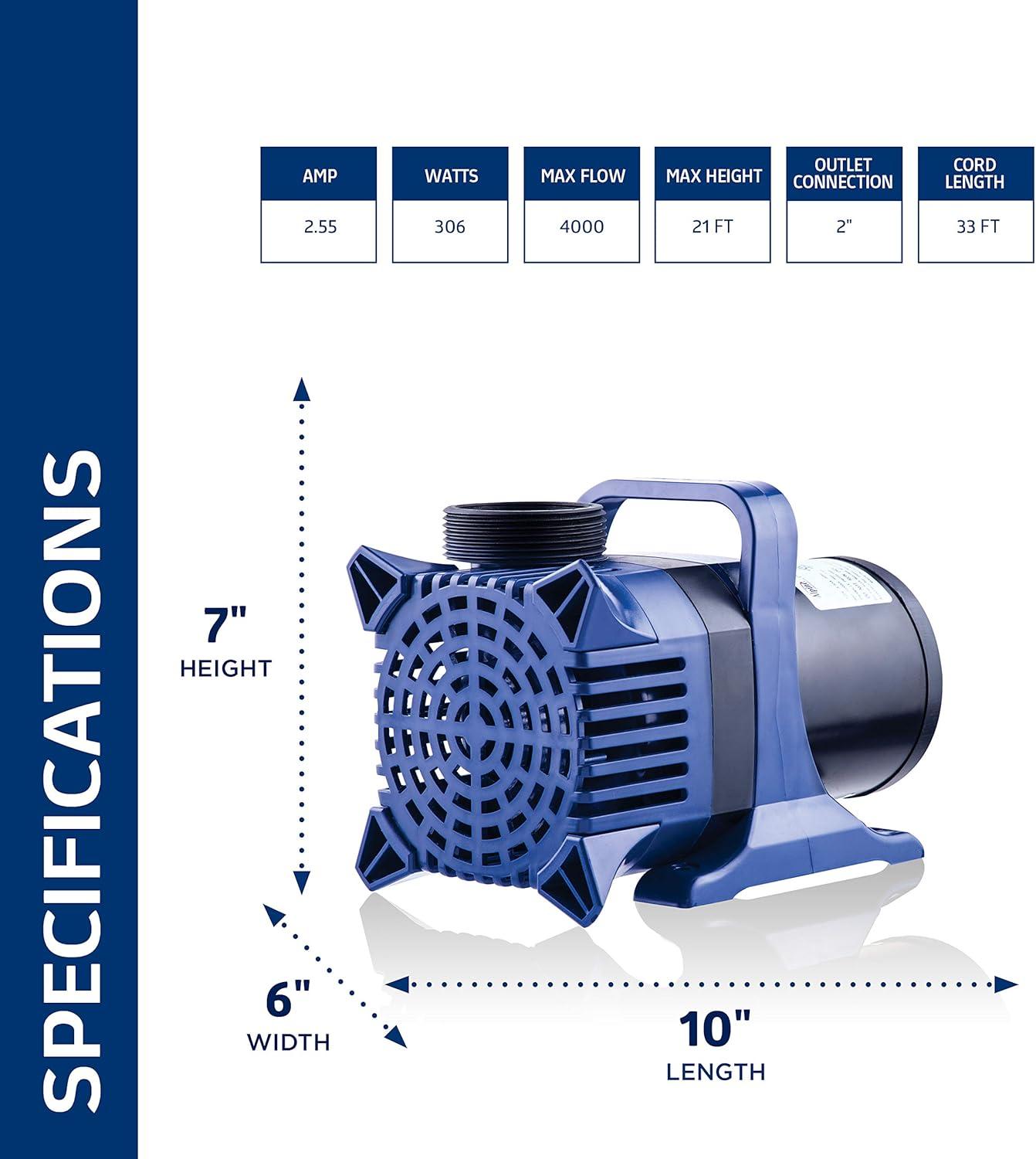 4000GPH Cyclone Pump, Submersible, Energy-Efficient, Ceramic Shaft, Vortex Impeller, Easy Install - Alpine Corporation