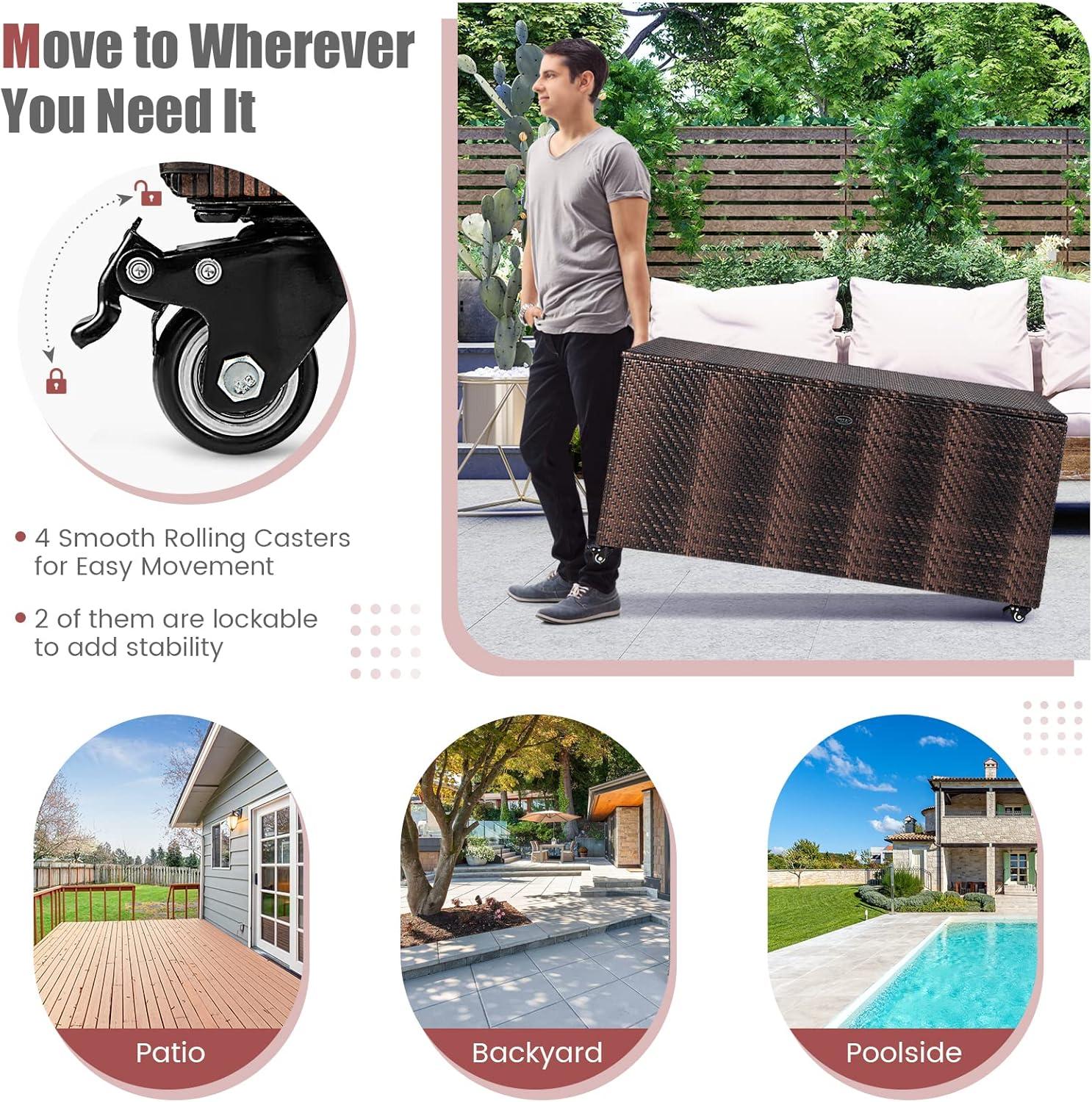 CasaCore 96 Gallon PE Wicker Outdoor Storage Box with 4 Wheels