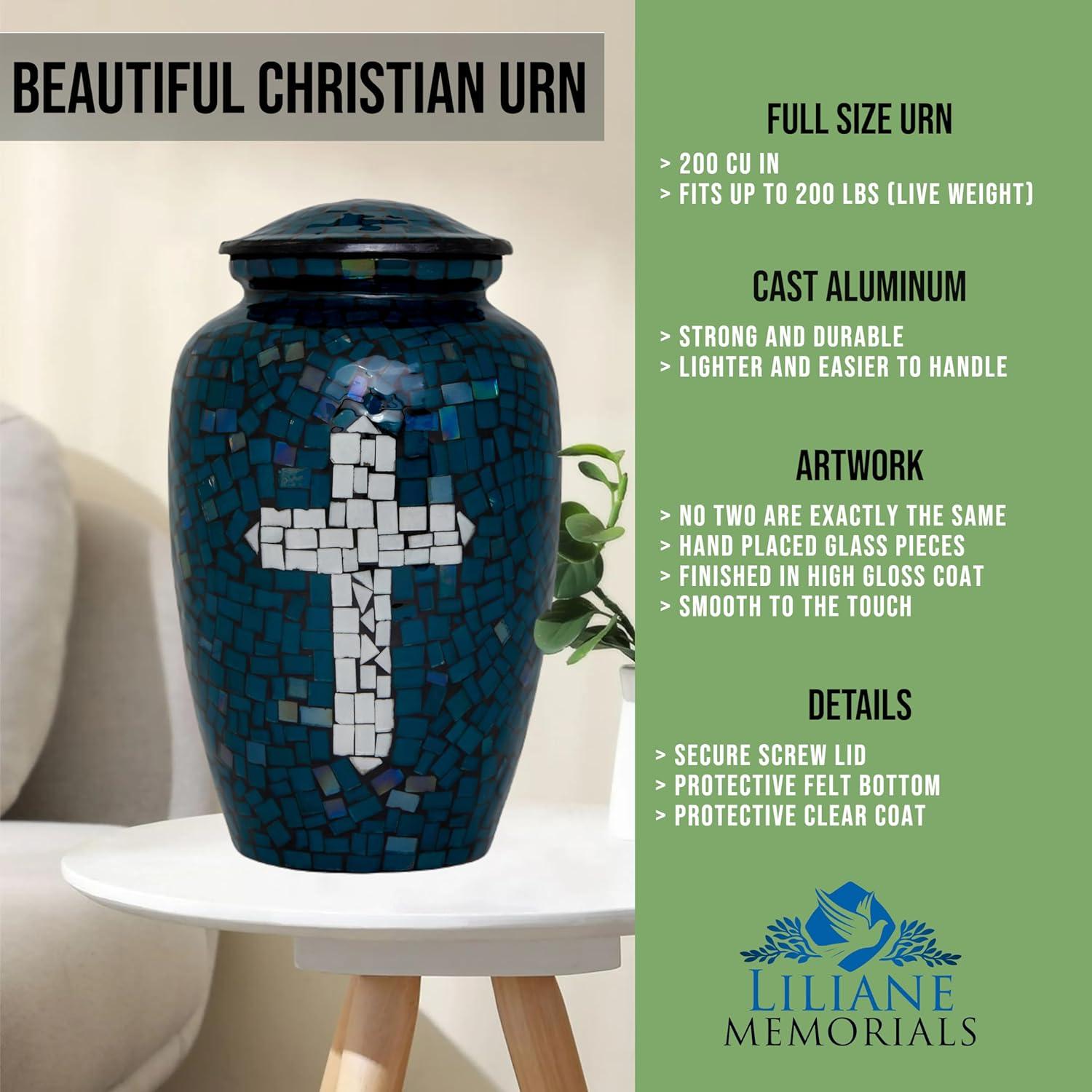 Mosaic Glass Cremation Urn - Hand Made Funeral Urn for Human Ashes - Large Adult Size Burial Urn - Hand Applied Individual Tiles Create a one of a Kind Work of Art - 200 cu in (Deep Blue Cross)