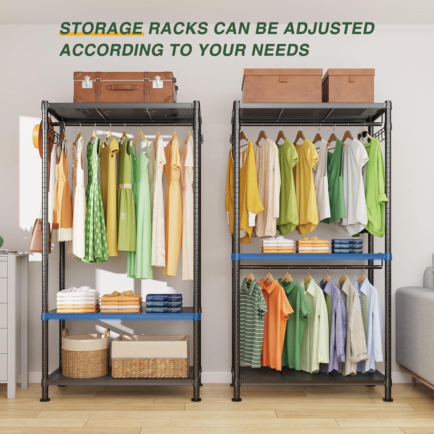 LEHOM G1L 3 Tiers Garment Rack with Storage Shelves, Heavy Duty Rolling Free-Standing Clothing Rack Closet Organizer with Double Rods/Lockable Wheels & 2 Pairs Side Hooks, Max Load 450 LBS, Black
