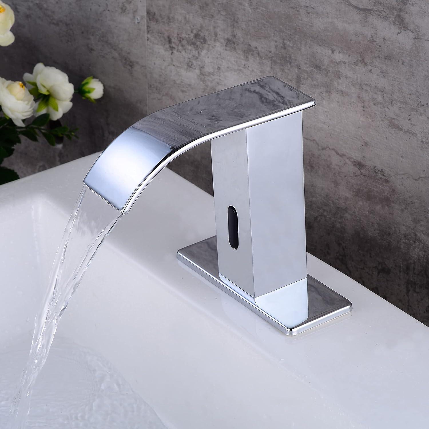 Touchless Bathroom Sink Faucet Motion Sensor Hands Free Automatic Commercial Vanity Water Faucets with Temperature Control Hot & Cold Mixing Valve Chrome