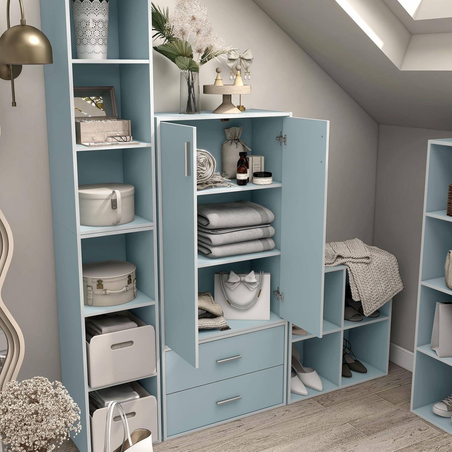 24/7 Shop At Home 35.27" Silkpath Modern 3 Tier Doors Stackable and Modular Bookcase Light Blue