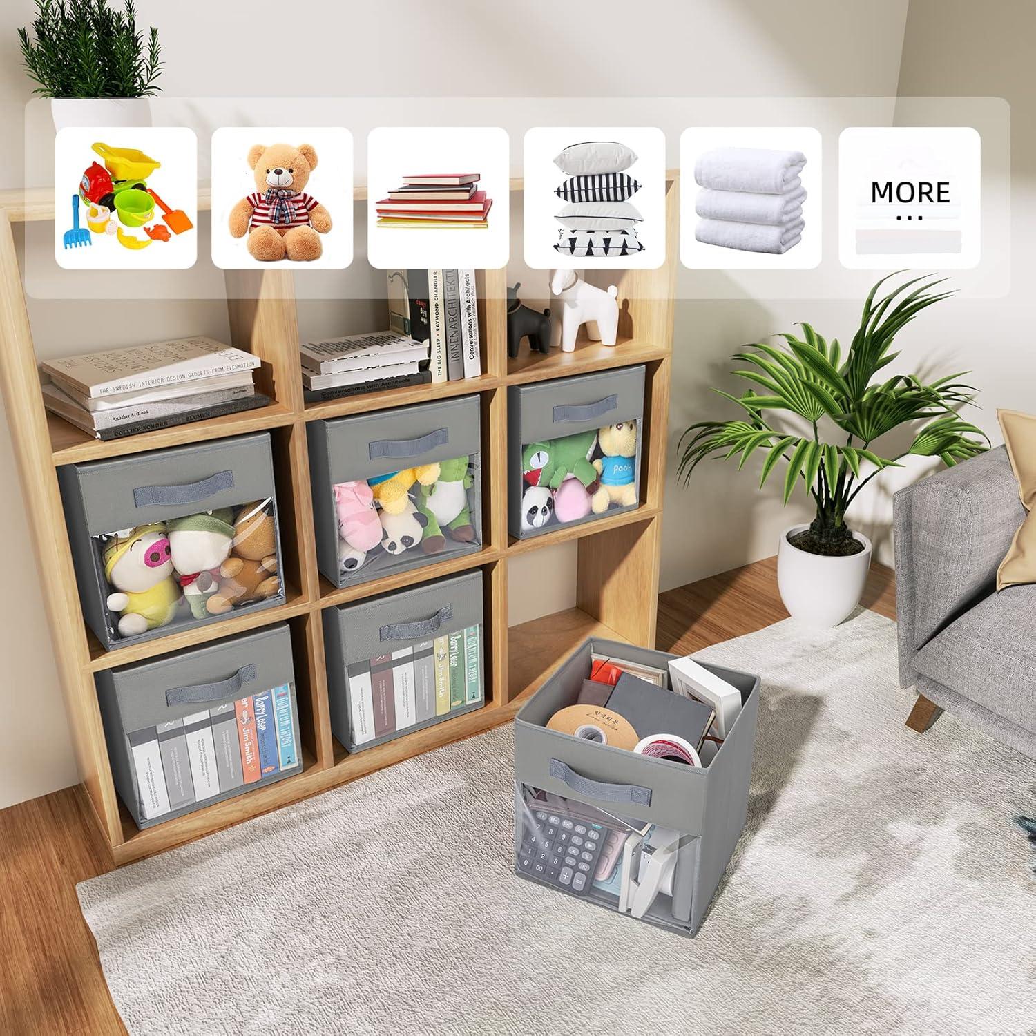 Storage Cubes, 6 Pack Cube Storage Bin, Foldable Storage Cubes With Window, Closet Storage Bins With Handle,Storage Cubes For Clothes, Toys, Books (Grey)