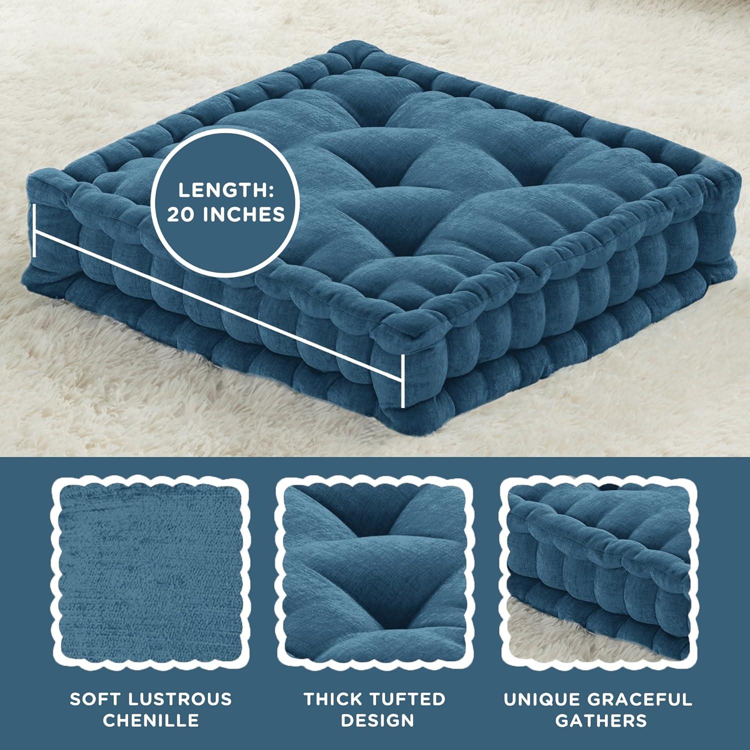 Codi INNA Floor Cushions for Adults, Cute Pillows Seating for Meditation, Square Tufted Chenille Cushion, Living Room, Fireplace, Reading Nook, Navy
