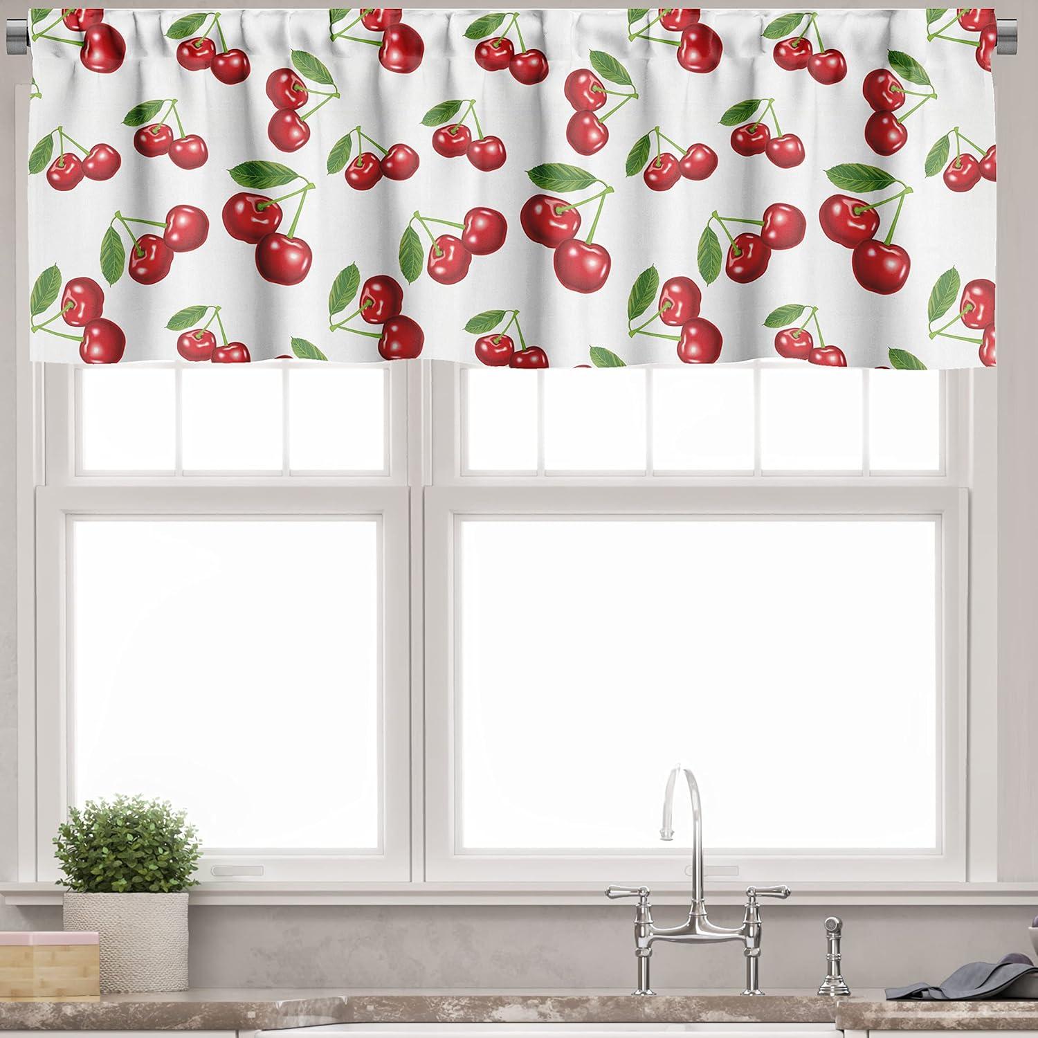 Ambesonne Fruit Valance & Curtain, Cherry Fruit Pattern, 55"x24", White Vermilion Green