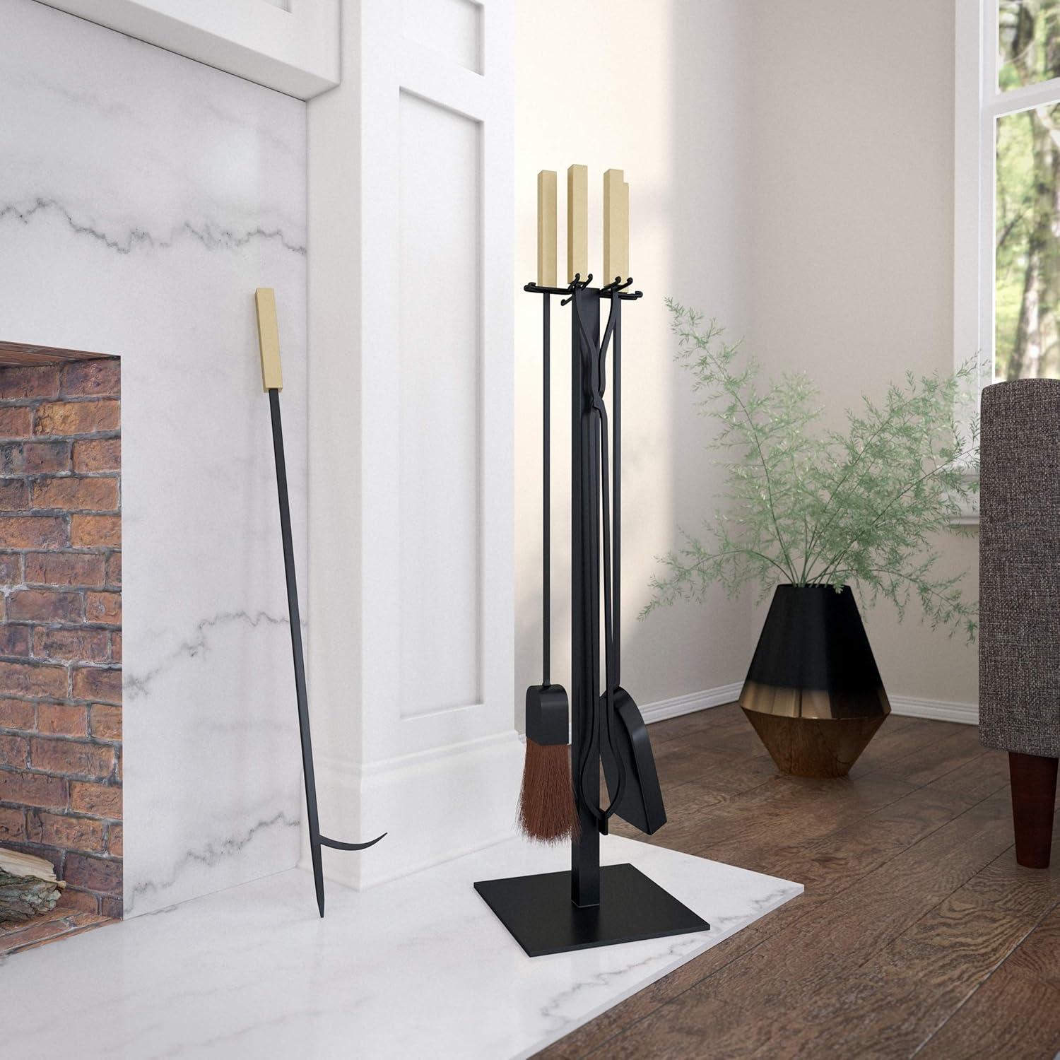 Modern Black and Gold Iron 4-Piece Fireplace Tool Set