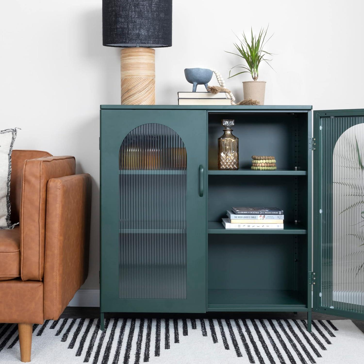 Dark Green Metal Cabinet with Arched Glass Doors and Adjustable Shelves