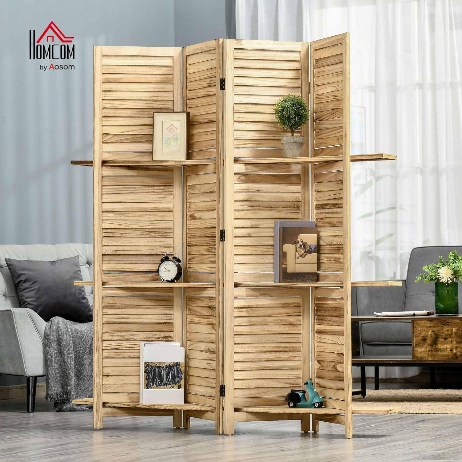 HOMCOM Room Divider, 4 Panel 67" Tall Wood Privacy Screen with 3 Display Shelves, and Folding Storage for Bedroom or Home Office, Natural Wood Color