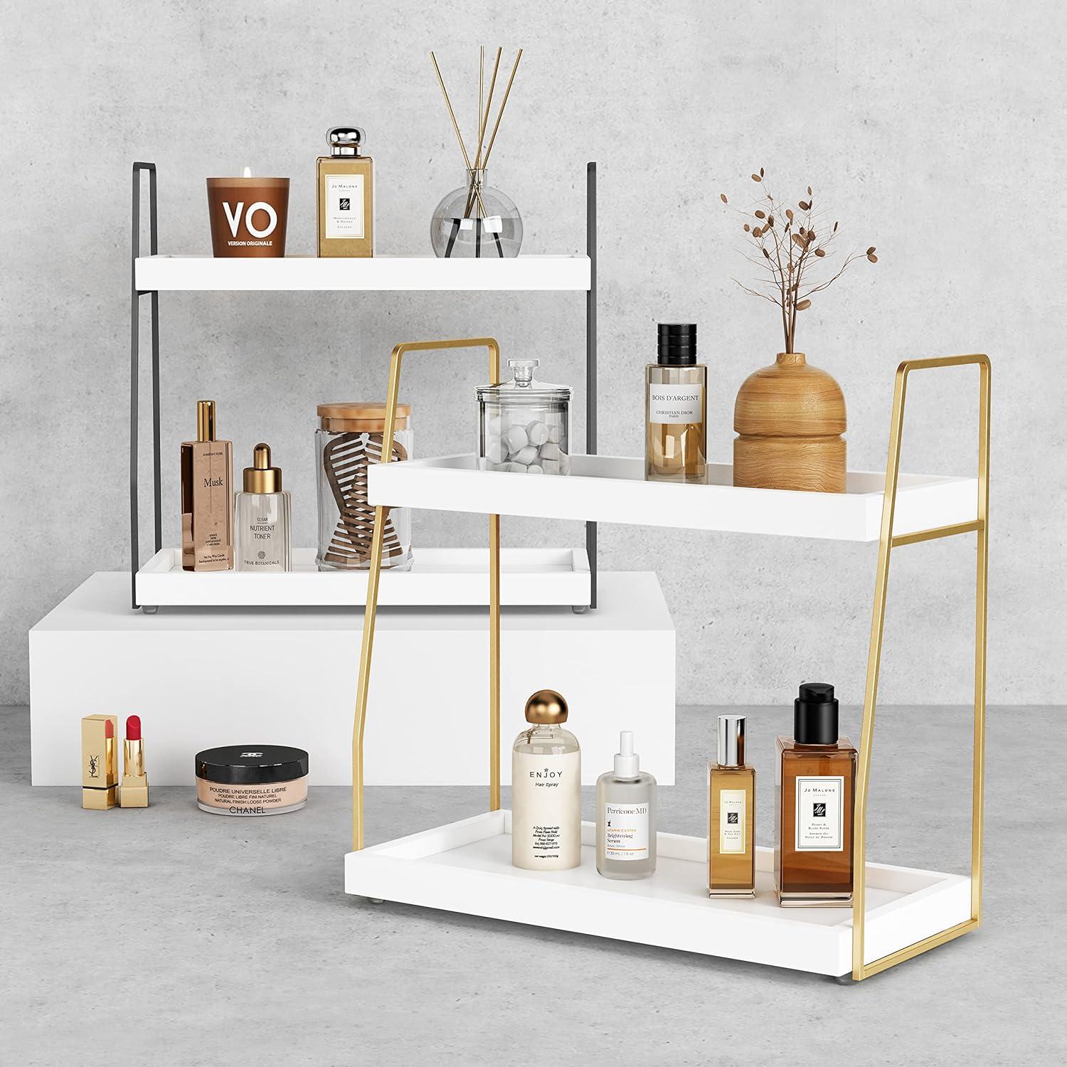 White and Gold 2-Tier Wooden Bathroom Organizer Tray