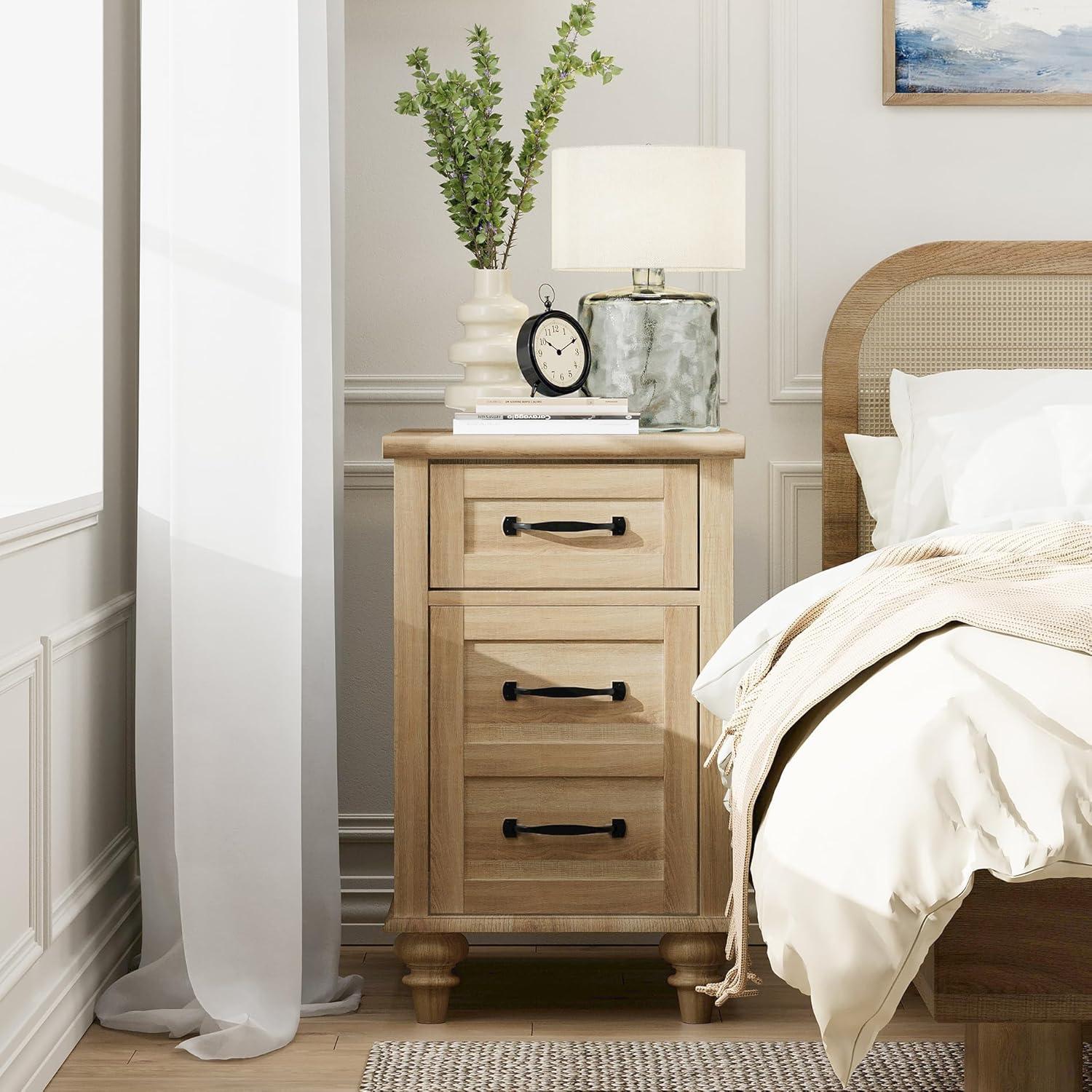 WAMPAT Farmhouse End Table with Charging Station, Light Wood Sofa Side Table with Storage Cabinet, Narrow Night Stand Bedside Table with Drawer for Living Room, Bedroom, Oak