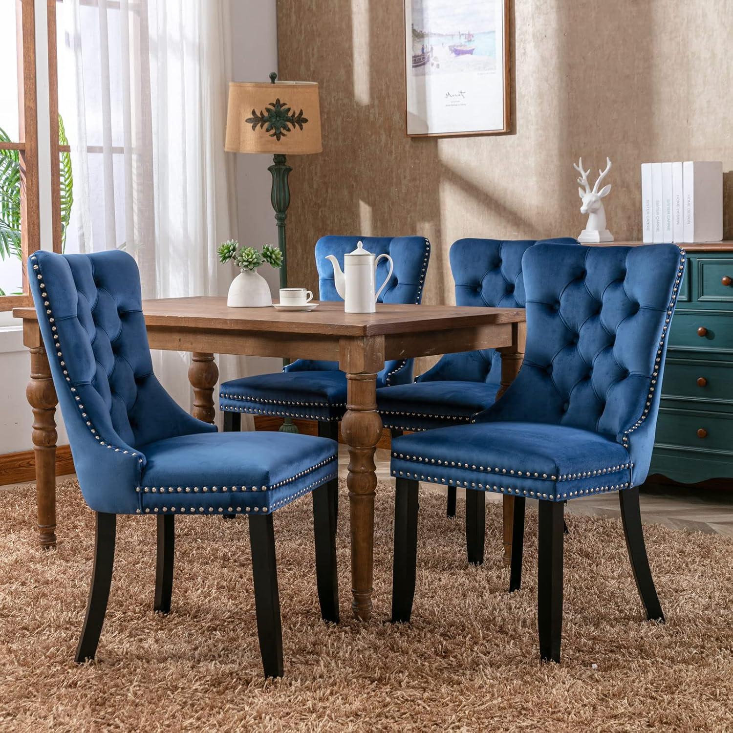 Tzicr Tufted Dining Chairs Set of 6, Upholstered Dining Chairs with Nailhead Back, Nailhead Trim, Velvet Dining Chairs for Kitchen/Bedroom/Dining Room(Blue)