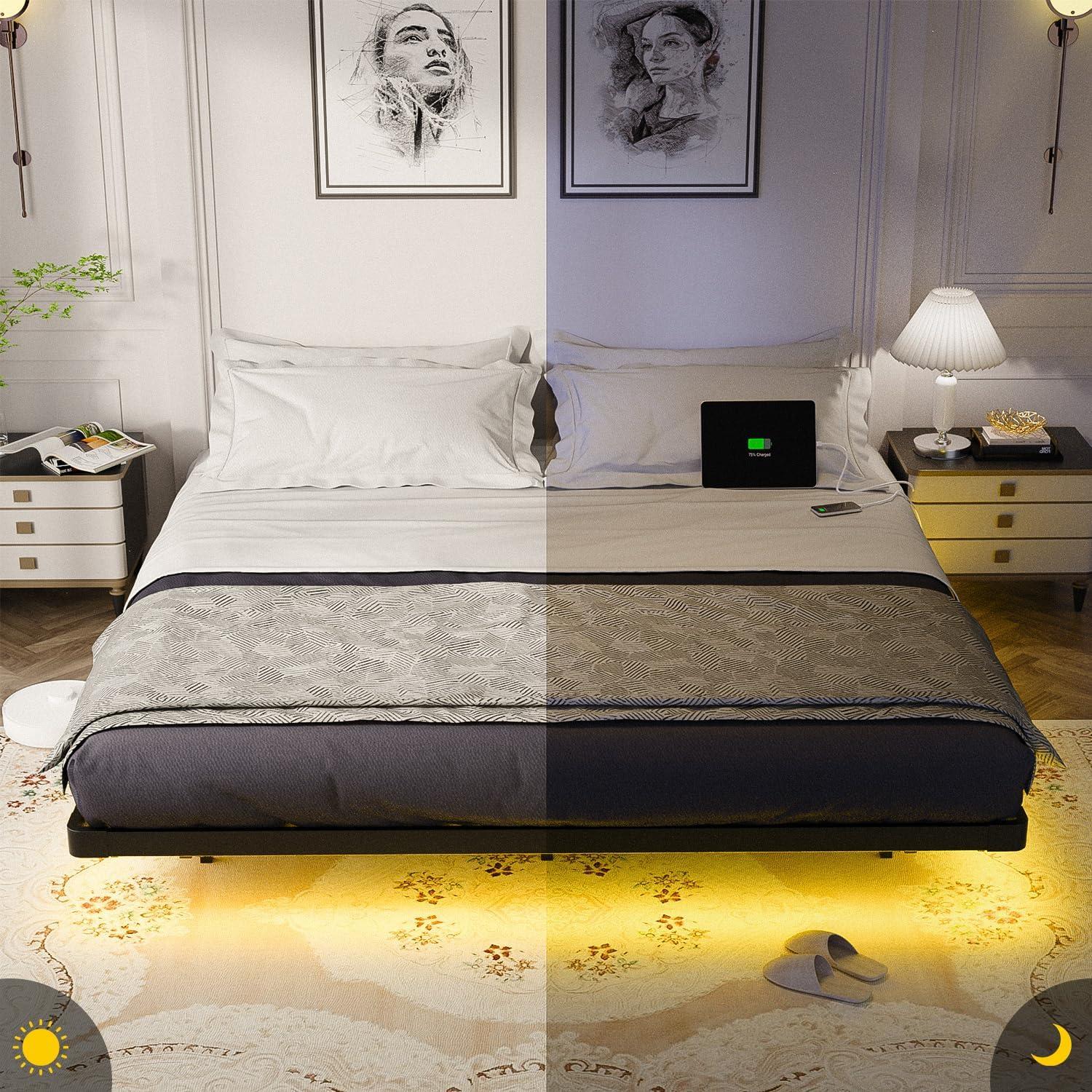 Floating Bed Frame With Led Lights Metal Platform Bed, No Squeak