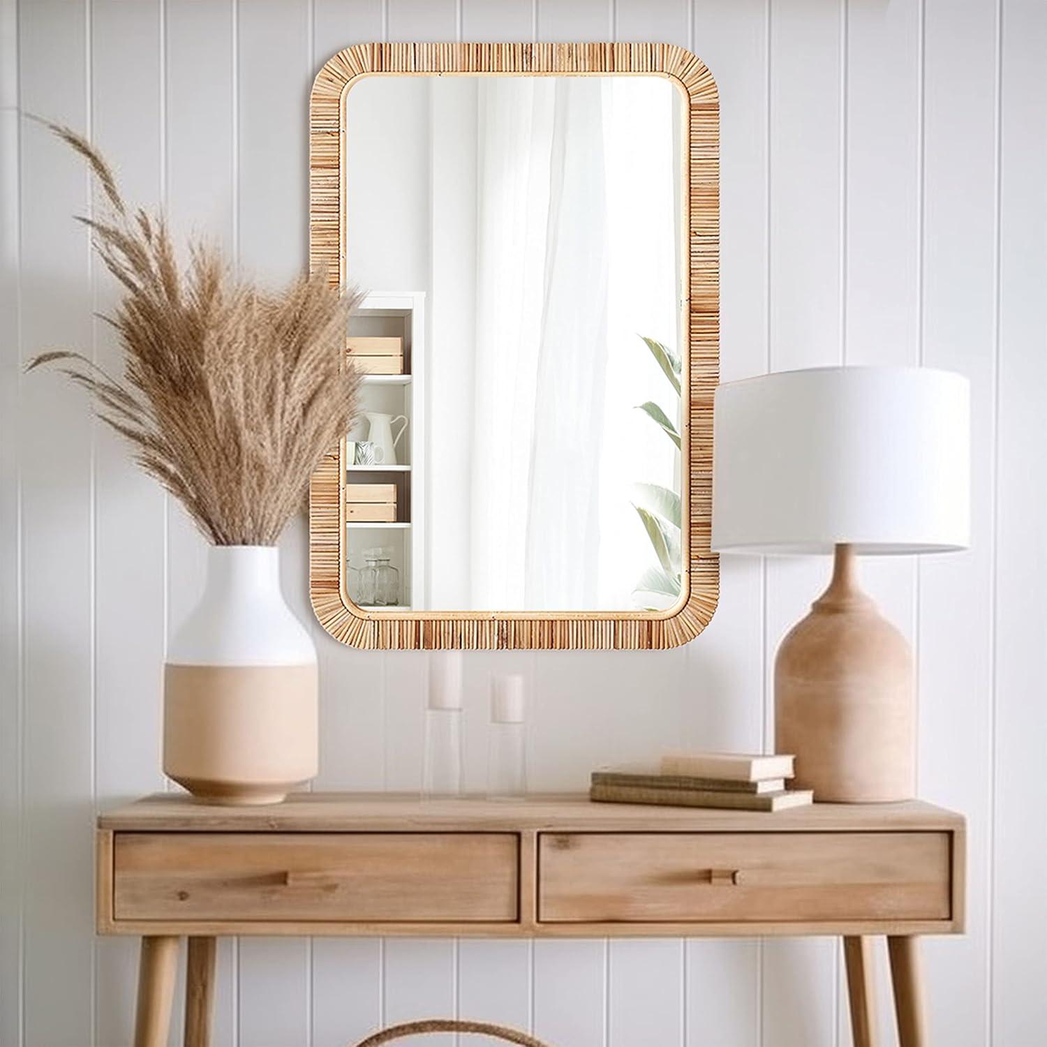 Barnyard Designs Rattan Bathroom Mirror – Rustic Farmhouse Style Handmade Wicker Rattan Frame - Boho Mirror for Nursery Wall Décor (20" x 30", Rectangular)