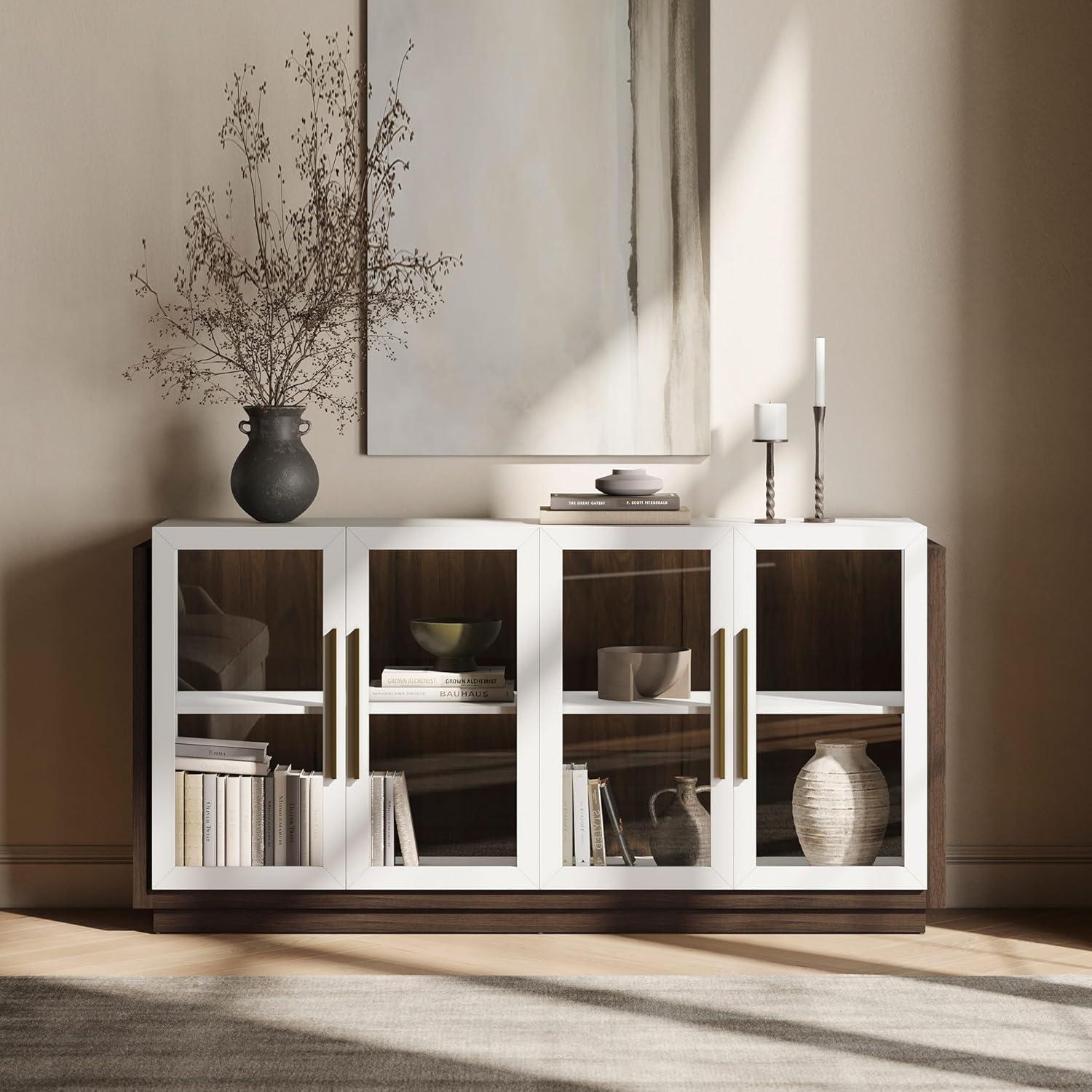BELLEZE Sideboard Buffet Cabinet, Modern Wood Glass-Buffet-Sideboard with Storage, Console Table for Kitchen, Dinning Room, Living Room, Hallway, or Entrance - Brixston (White)