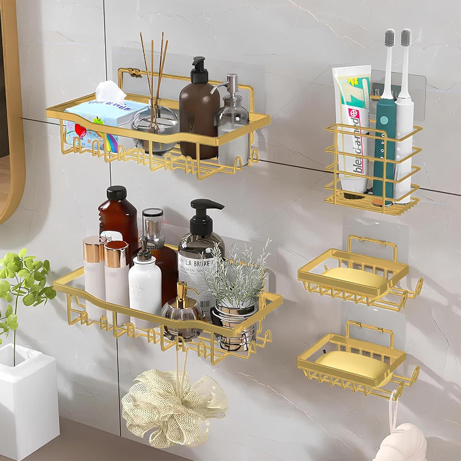 Fab Glass and Mirror 5-Pack Shower Caddy, Gold - Shower Organizer & Shelves for Efficient Storage, Bathroom Caddy for Wall Organizer, Durable Showers Wall Caddy