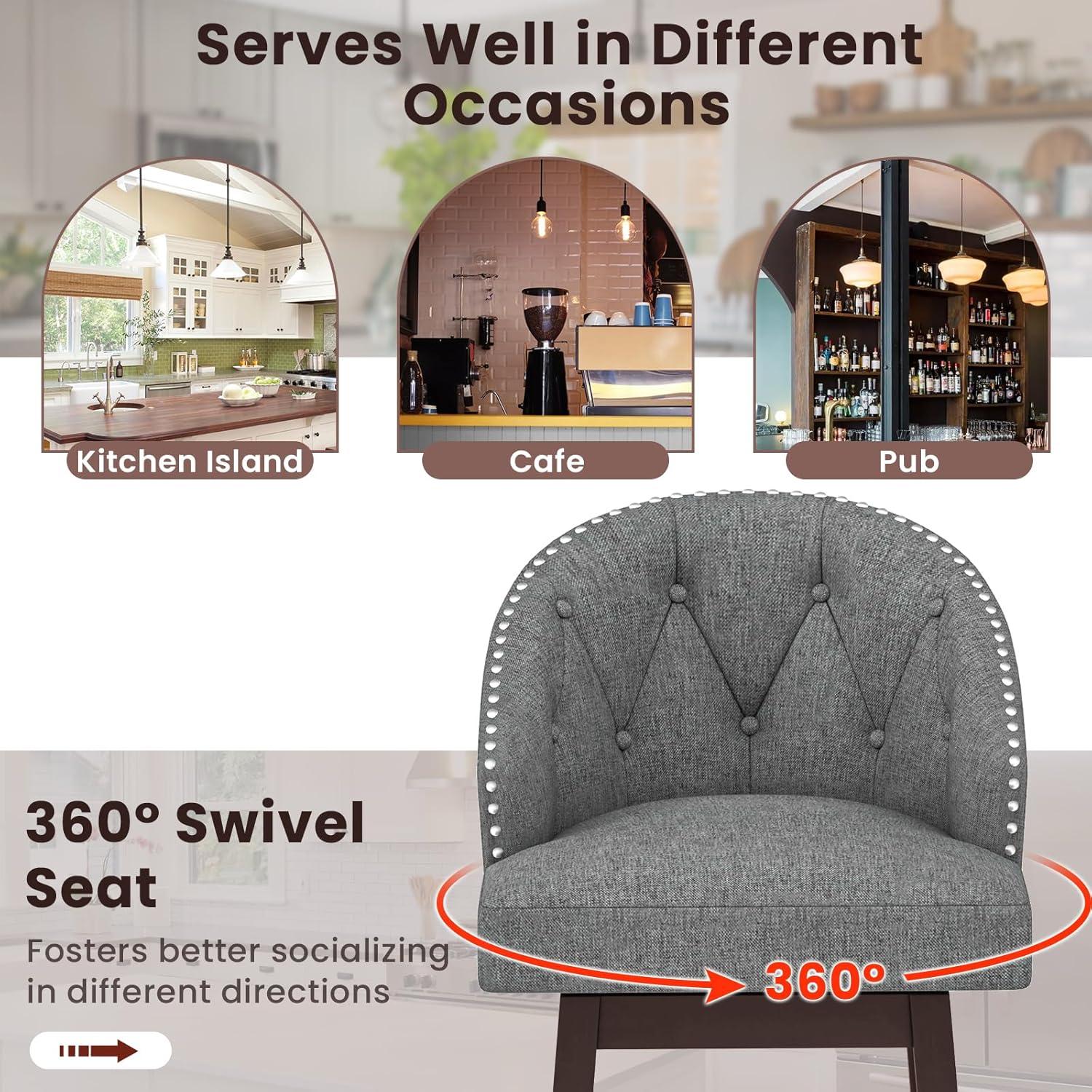 Gray Tufted Swivel Bar Stools with Rubber Wood Legs