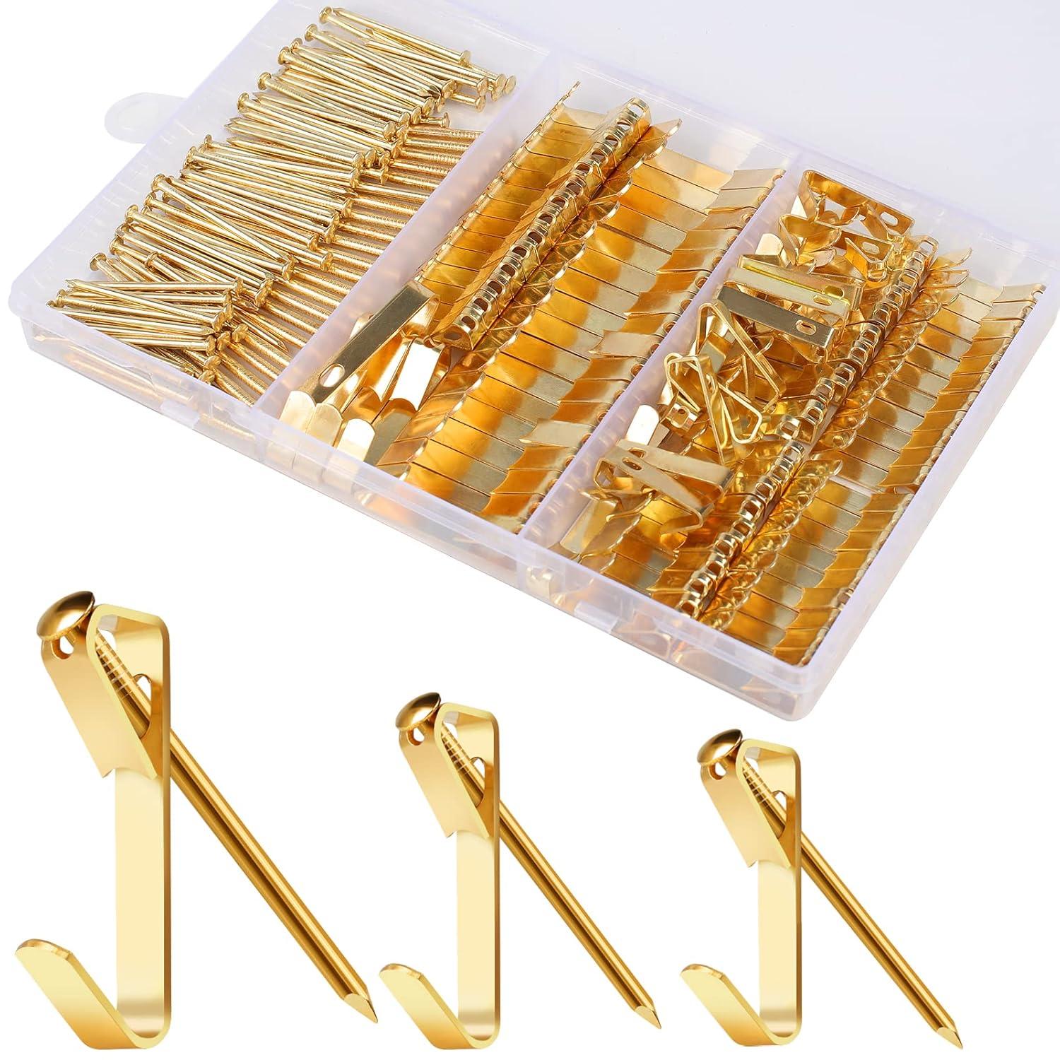 Picture Hanging Kit 184Pcs – Picture Hangers & Wall Hooks for Hanging – 20lb, 30lb, 50lb Wall Hangers with Metal Hooks and Nails for Drywall, Wood Walls & More(Gold)