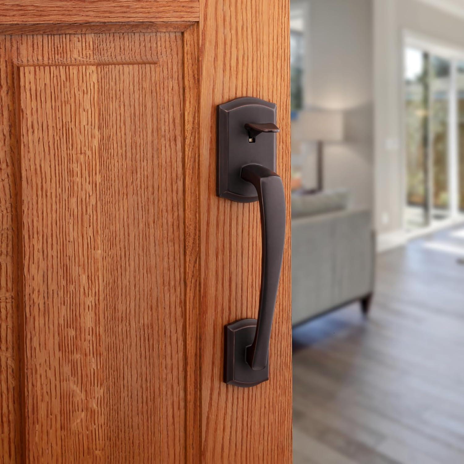 Kwikset Prescott Door Handleset Only with Tustin Door Handle in Venetian Bronze