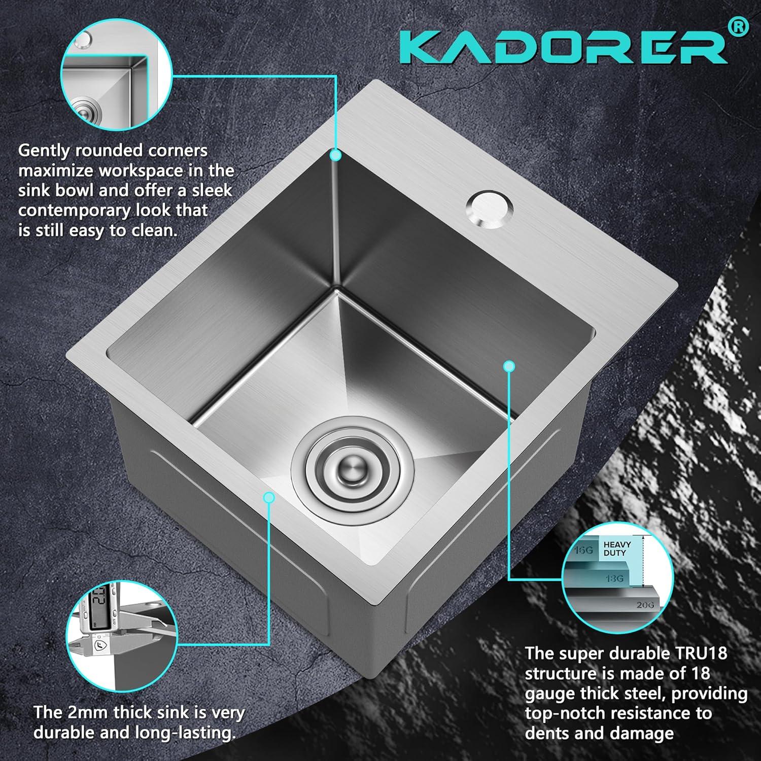 15 x 20 Inch Drop In Kitchen Bar Sink, Small Kitchen Sink Single Bowl Topmount Bar Prep Sink 18 Gauge Stainless Steel Bar Sink with Grid and Basket Strainer