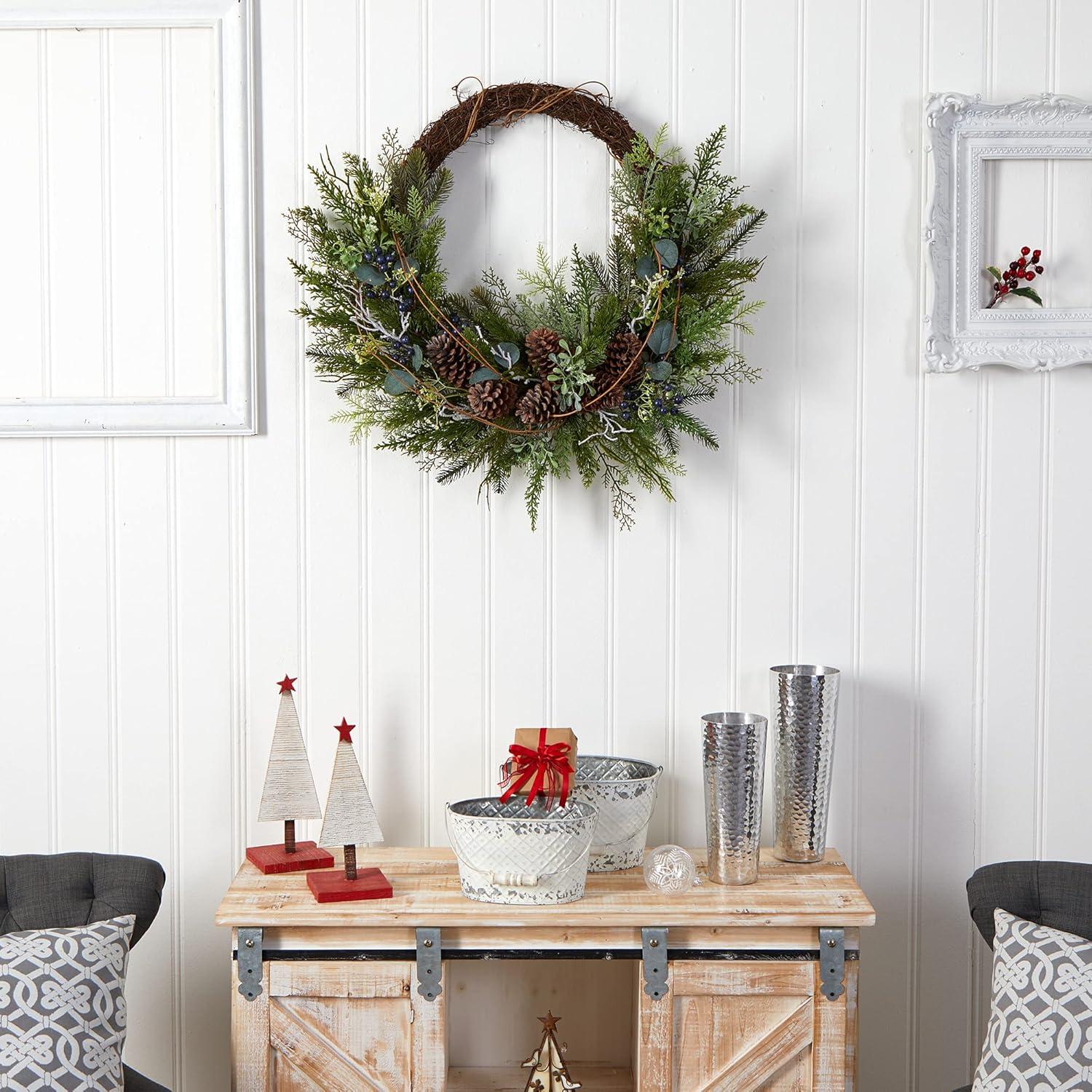 Nearly Natural 30” Pine and Pinecone Artificial Christmas Wreath on Twig Ring