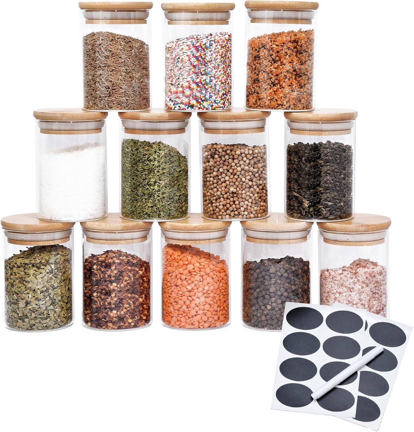 12-Piece Clear Glass Spice Jars with Bamboo Lids