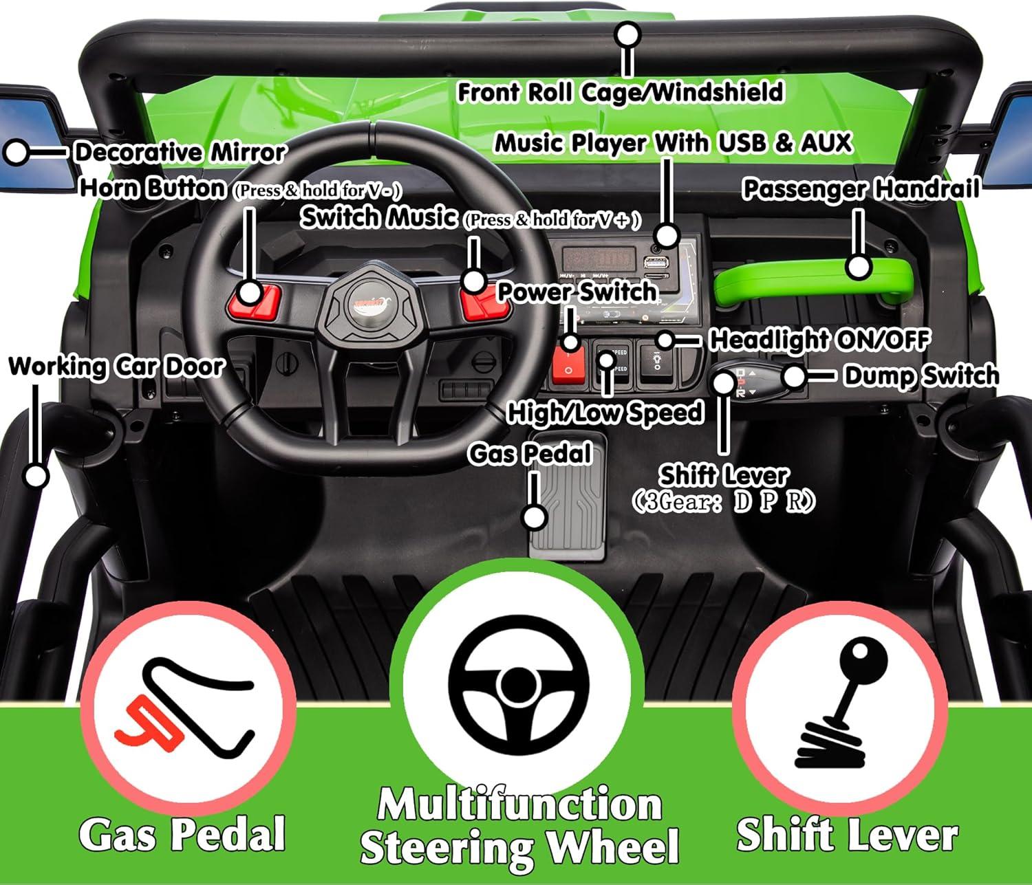 24V Ride on UTV Car, 2 Seater Kids Electric Powered Ride on Toys Dump Truck with Trailer Remote Control, Green